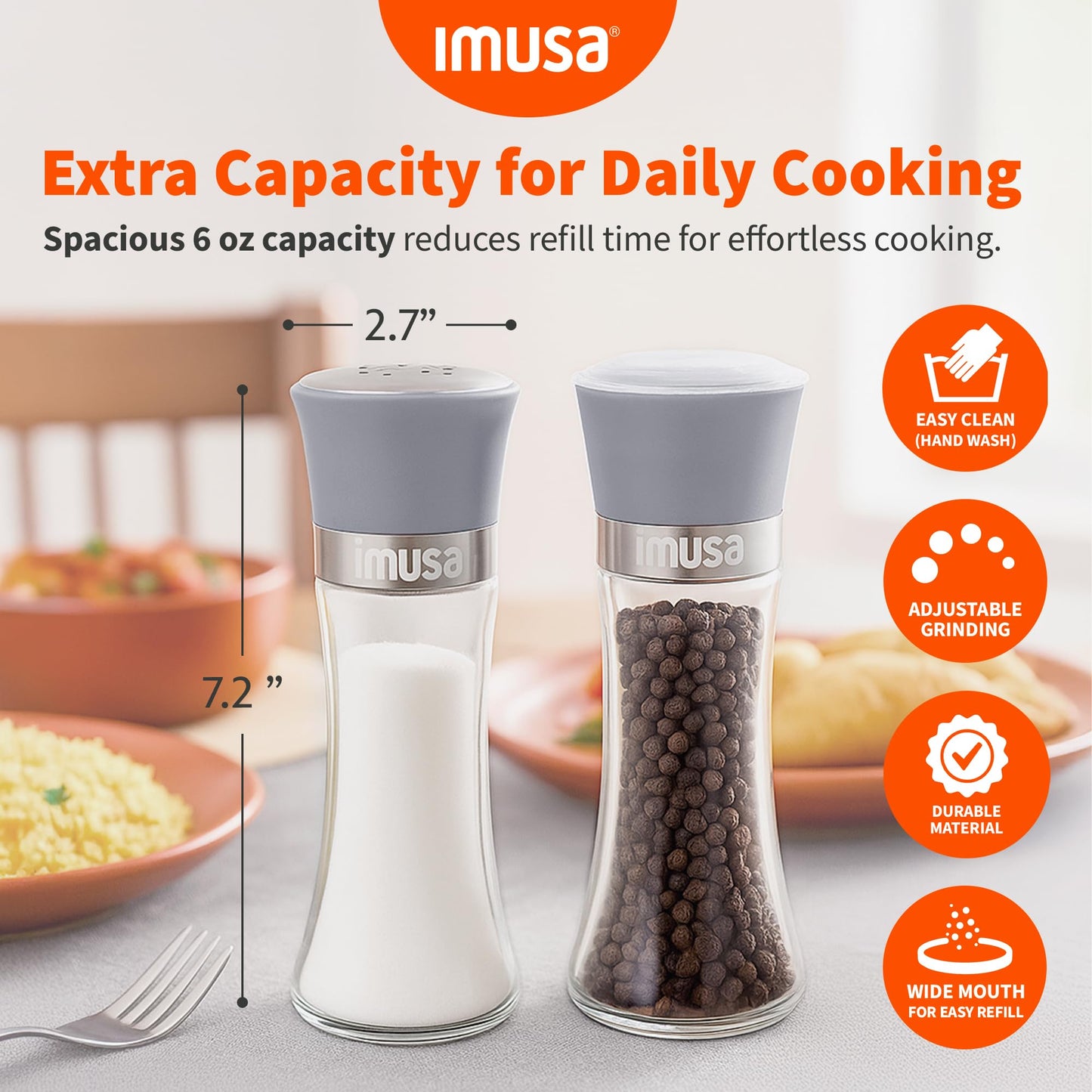IMUSA Salt Shaker and Pepper Grinder Set – 2 Pack Glass Salt Shaker and Pepper Mill Set, Manual Adjustable Ceramic Core Pepper Grinder, 6 oz Capacity, Refillable Salt and Pepper Set for Kitchen