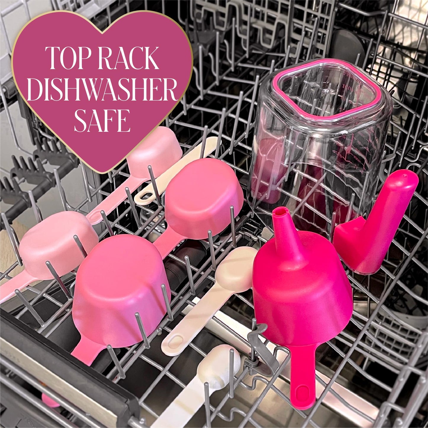 Paris Hilton 9-Piece Measuring Set, Durable Plastic Measuring Cups and Spoons With Funnel and Leveler, Dishwasher Safe, Pink