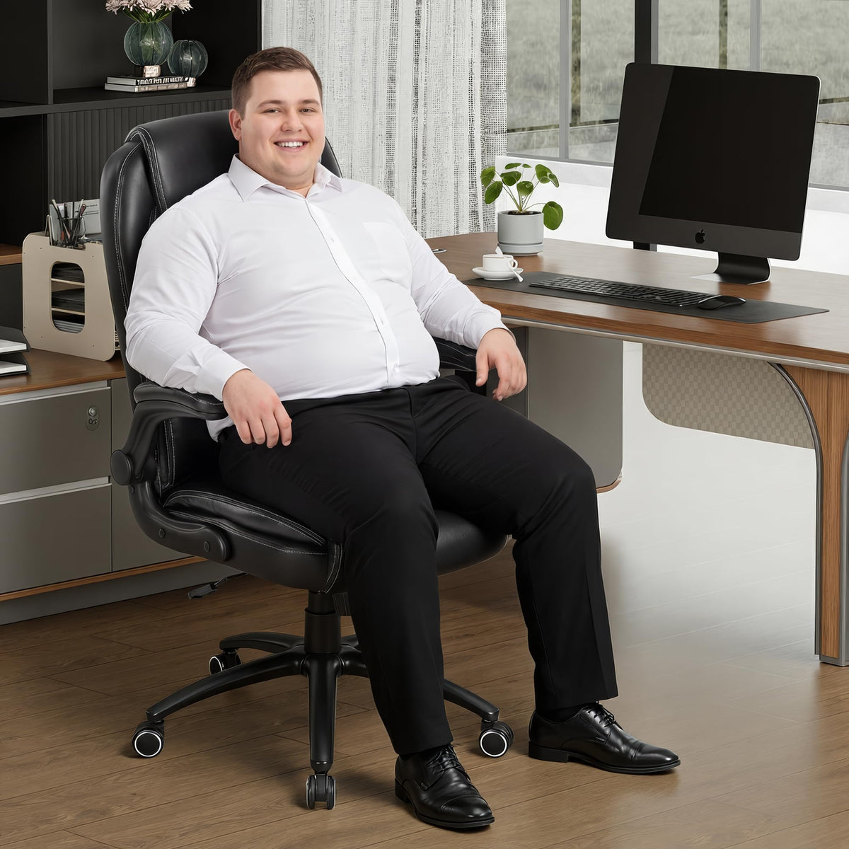 MALOL PU Leather Ergonomic Office Chair -Adjustable Height & Tilt Tension Set of 2, 300lbs Thick Padded Seat Executive Desk Chair with Flip-Up Armrests & Reclining Backrest, Black