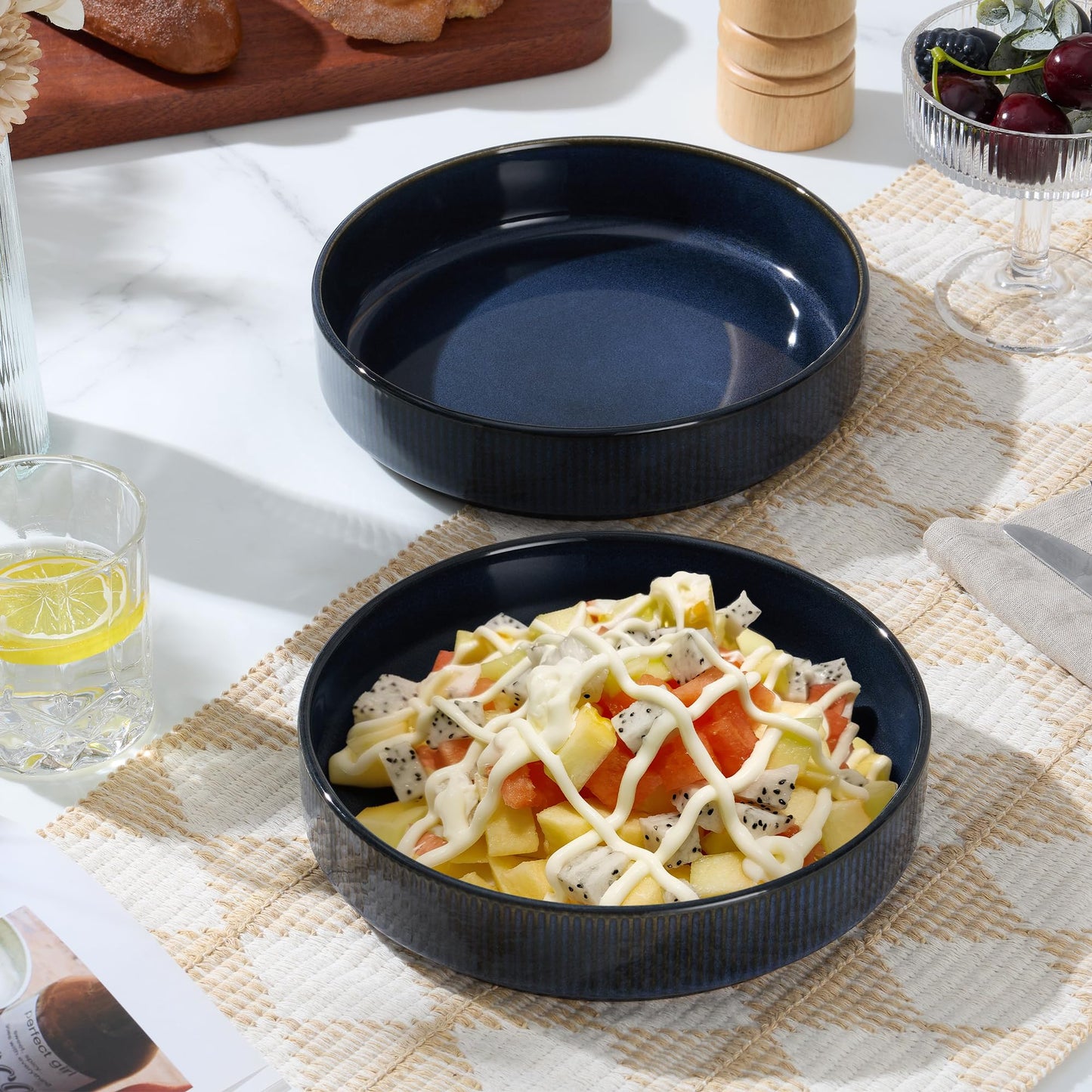 E-far Pasta Bowls Set of 4, 35oz Large Salad Bowl Plate for Dinner Serving, Wide & Shallow Ceramic Stoneware Pasta Plates, Microwave & Dishwasher Safe, Reactive Glaze Textured Stripes, Dark Blue
