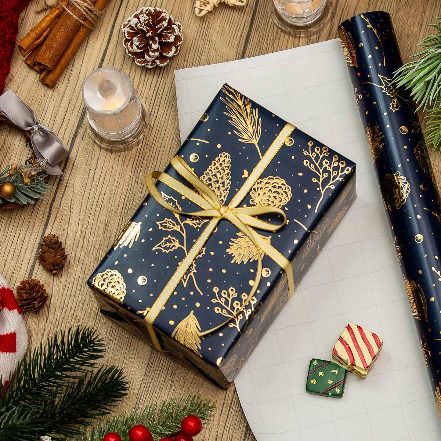 Homeral Christmas Wrapping Paper Roll-46.8 sq.ft. (17in x 33ft) Metallic Shine Navy Blue with Gold Pine Cone, Pine Twig for Christmas, New Year Celebration, Party, Holiday