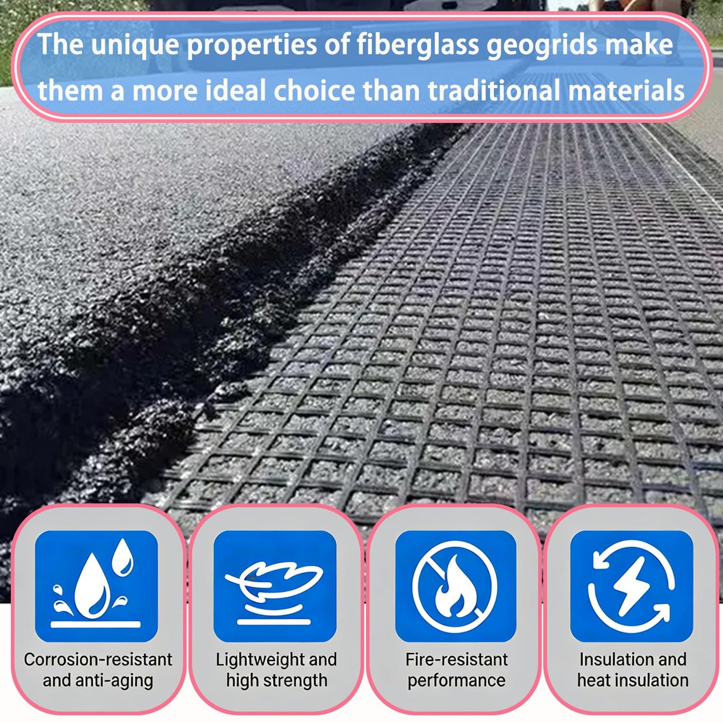 Retaining Wall Geogrid - Geogrid for Retaining Walls,4' x 50' Fiberglass Tensile Force Value 50KN,Ideal for Slope Reinforcement,Road Expansion and Pavement Maintenance