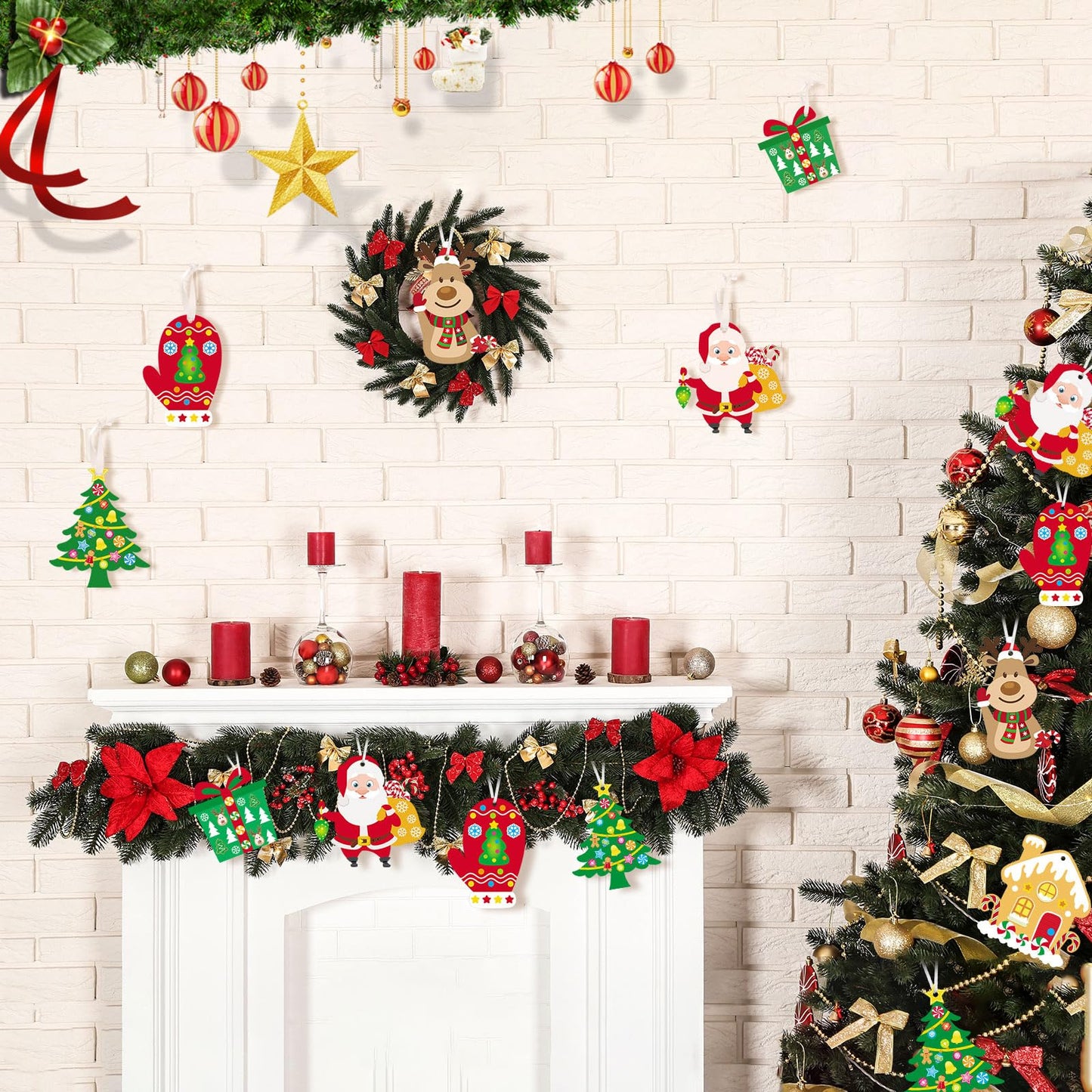 Civaner 24 Sets Christmas Craft Kit for Kids Tree Ornaments Hanging Art and Craft DIY Project Gingerbread House Crafts Kit Christmas Box Claus Reindeer Crafts for Kids, 6 Styles