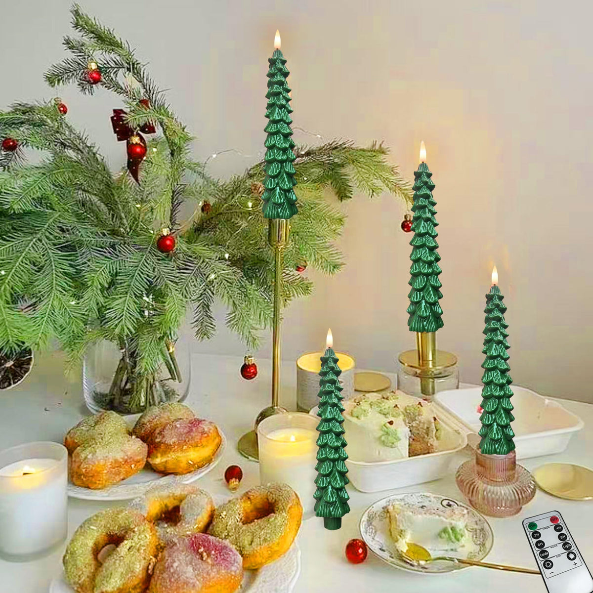 Qaeshi Christmas Tree Candles with Remote, Real Wax LED Flameless Taper Candles, Battery Operated 3D Flickering Candlesticks, Tree Taper Candle for Window Home Christmas Table Decorations (1pcs)