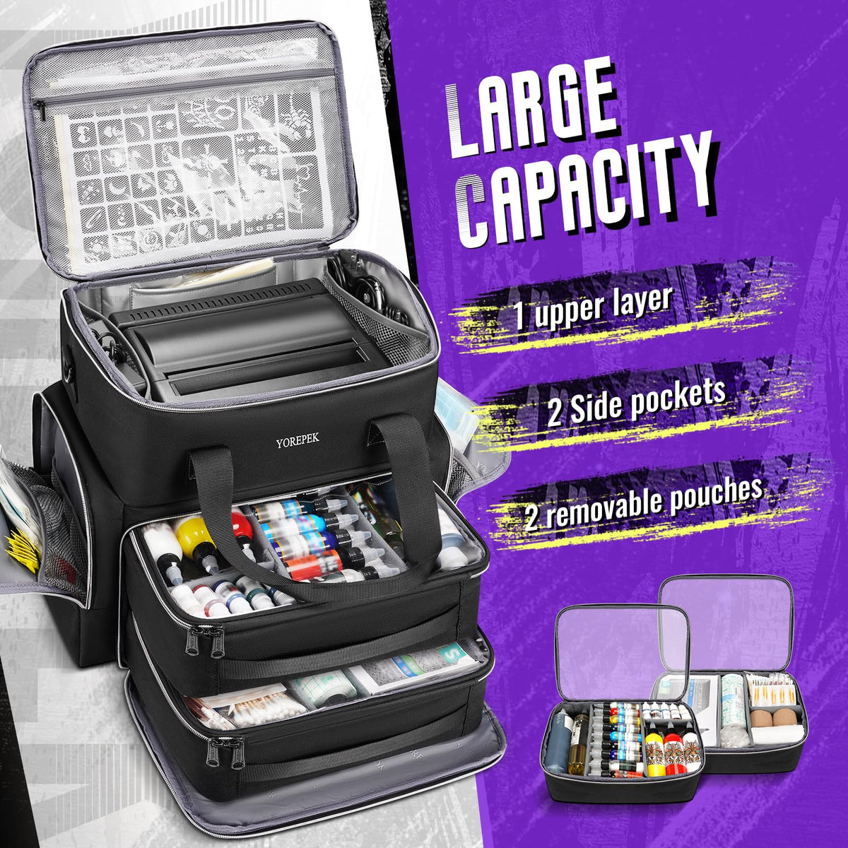 YOREPEK Tattoo Travel Case, Waterproof Tattoo Bag with 2 Removable Organizer Pouches, Adjustable Dividers, Tattoo Carrying Case for Equipment, Supplies, Stencil Printer, Artist Gifts