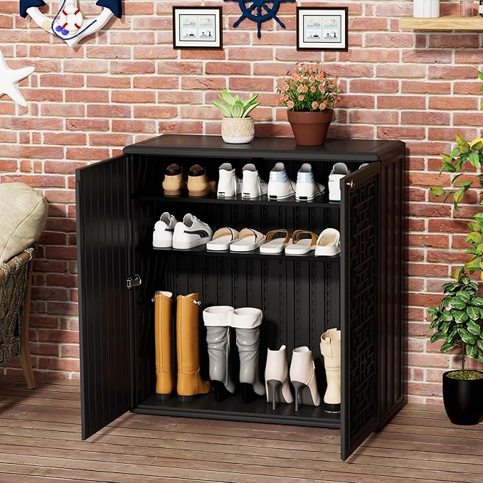 Outdoor Storage Cabinet Waterproof with Shelf,Resin Storage Sheds Outdoor Cabinets for tub Towels/Chemicals/Grill Items/Patio/Garden/Backyard, Size 34.3''L*15''W*36.2''H(Black)