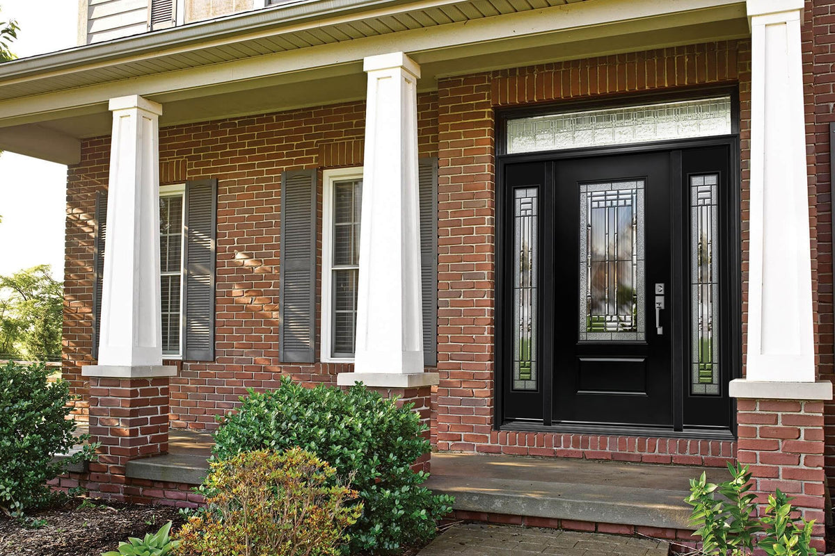 Fiberglass Front Door with Double Sidelights - 68" x 80", Single Exterior Entry Door with Decorative Glass and 14in Sidelights, Left Hand Inswing, Black Knock-Down Door, Brickmould and Jamb Included