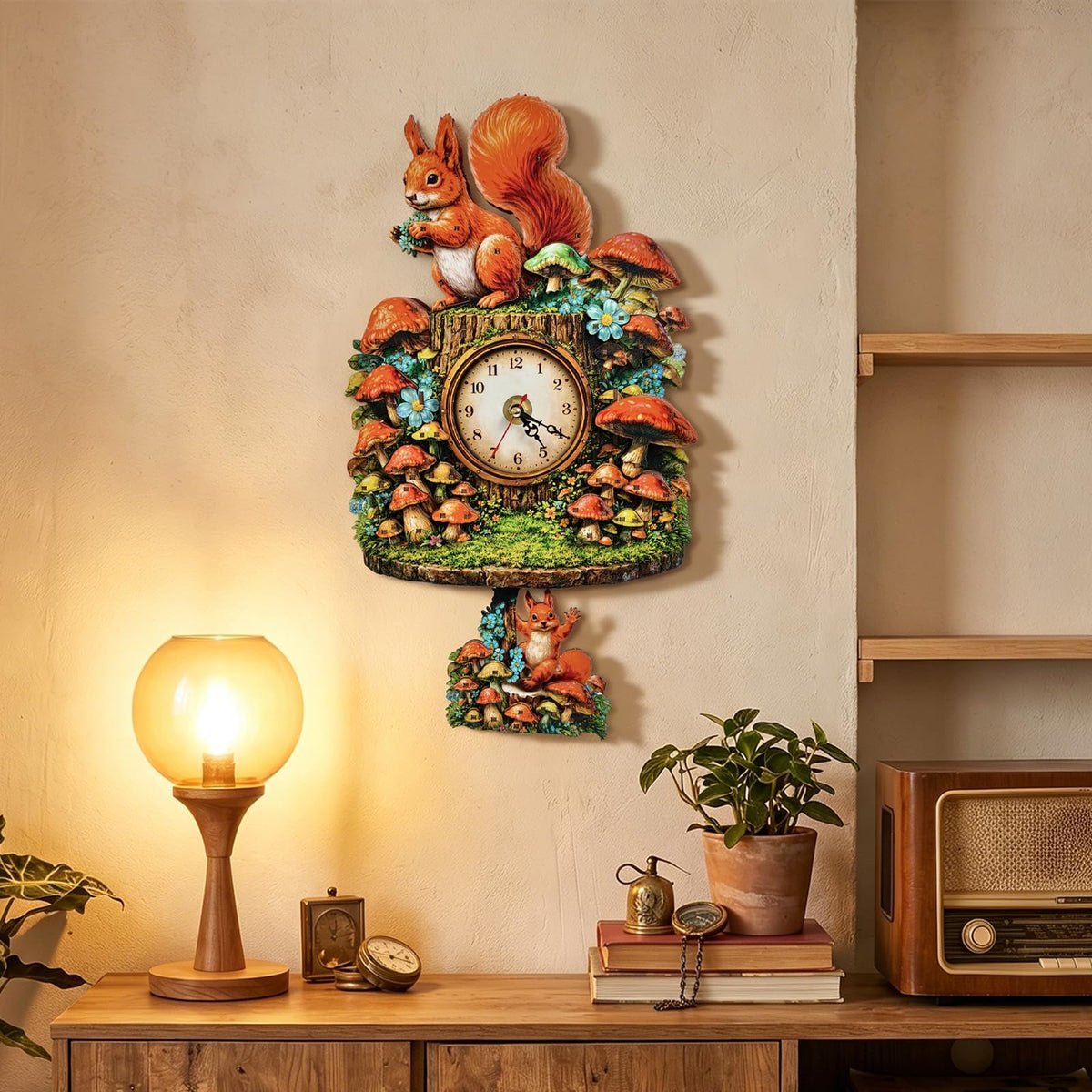 NIUNIUAMY 3D Wooden Puzzle Squirrel Clock Mechanical DIY Model Kit with Pendulum Forest Animal Gear Desk Clock Mushroom Decor Challenging Craft Gift for Adults Men Women
