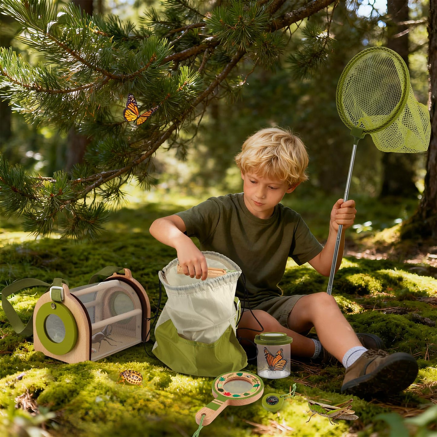 Wooden Bug Catcher Kit for Kids, Bug Catching & Insect Explorer Set with Butterfly Net, Magnifying Glass, Bug Container, Nature Exploration Outdoor Adventure Toy, Camping Gifts for Boys Girls Age 3-12