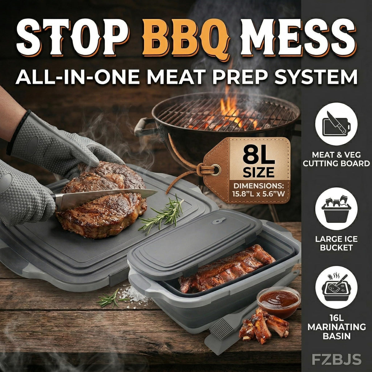 Collapsible BBQ Prep Tub with Lid & Cutting Board 8L - Meat Marinating Basin & Grill Carry System - 5pc Set with Heat Resistant Gloves, Basting Brush & Spatula(Orange, Large, 8L)