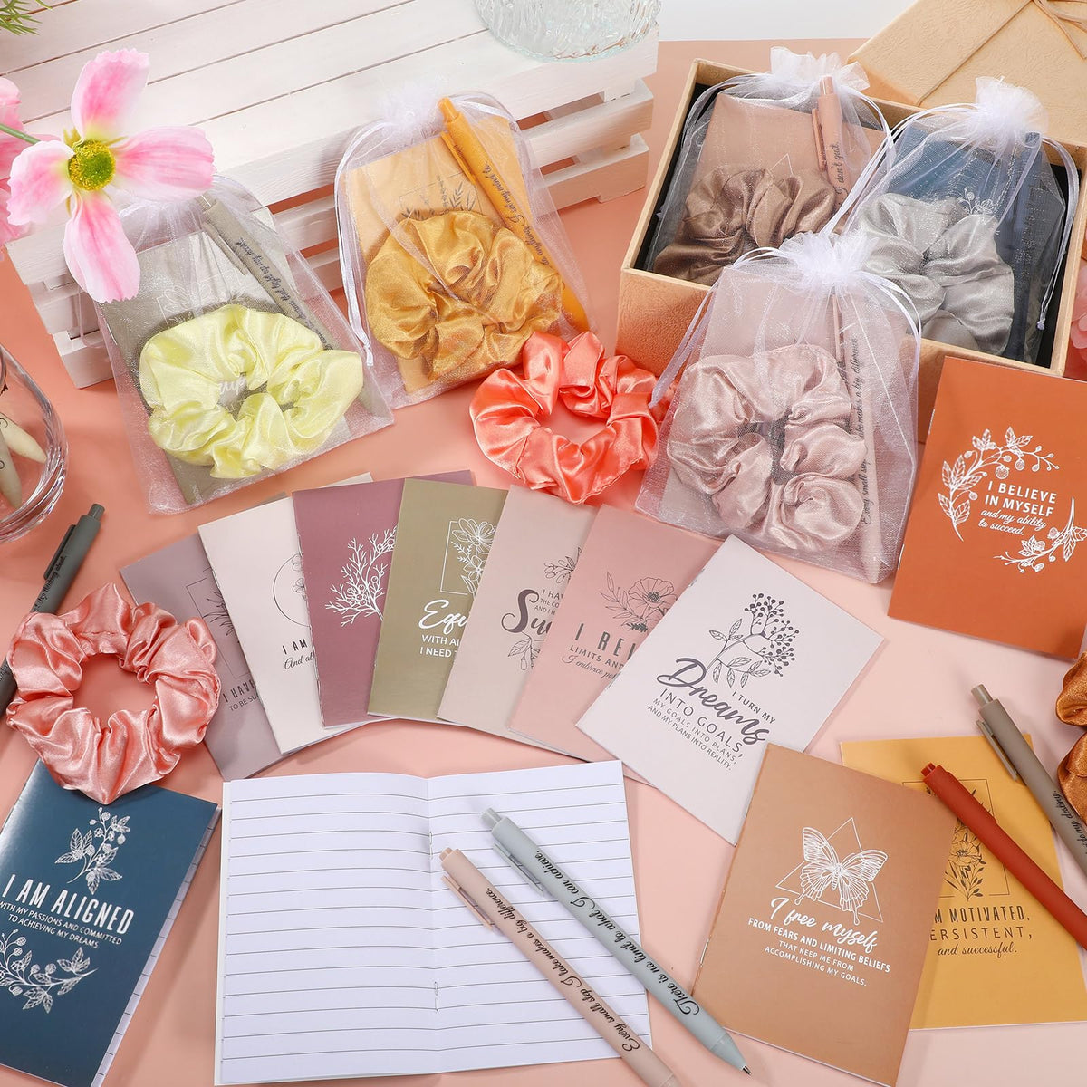Mooliwe 72Pcs/24Set Positive Affirmation Gift Set for Women Gratitude Notebooks with Pens Hair Scrunchie Small Bags Motivational Encouragement Notepad for Women Coworkers Adult Party Favors (Simple)