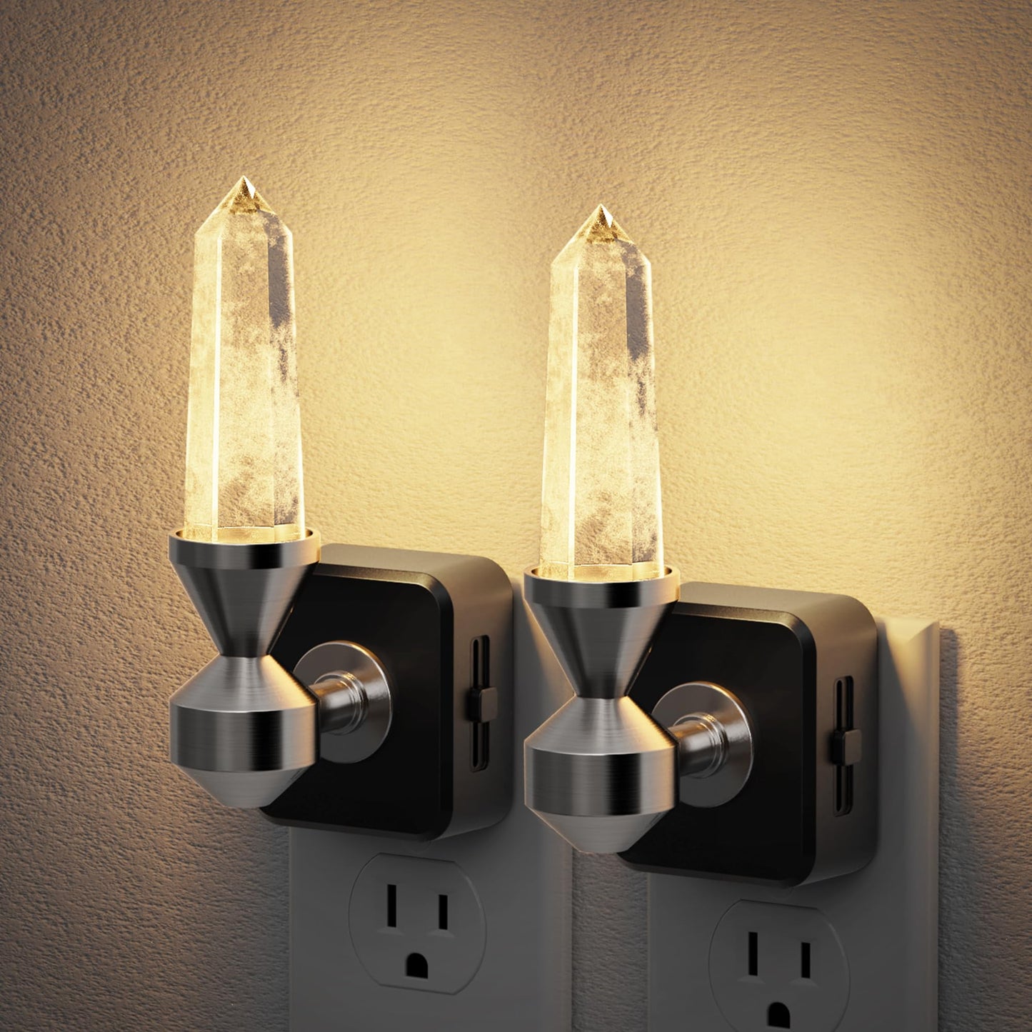 JandCase Healing Crystals LED Night Light Plug into Wall, 2 Pack Dimmable Night Lights witih Clear Quartz Tower, Dusk to Dawn Sensor Nightlights for Meditation Living Room Bedroom Home Decor