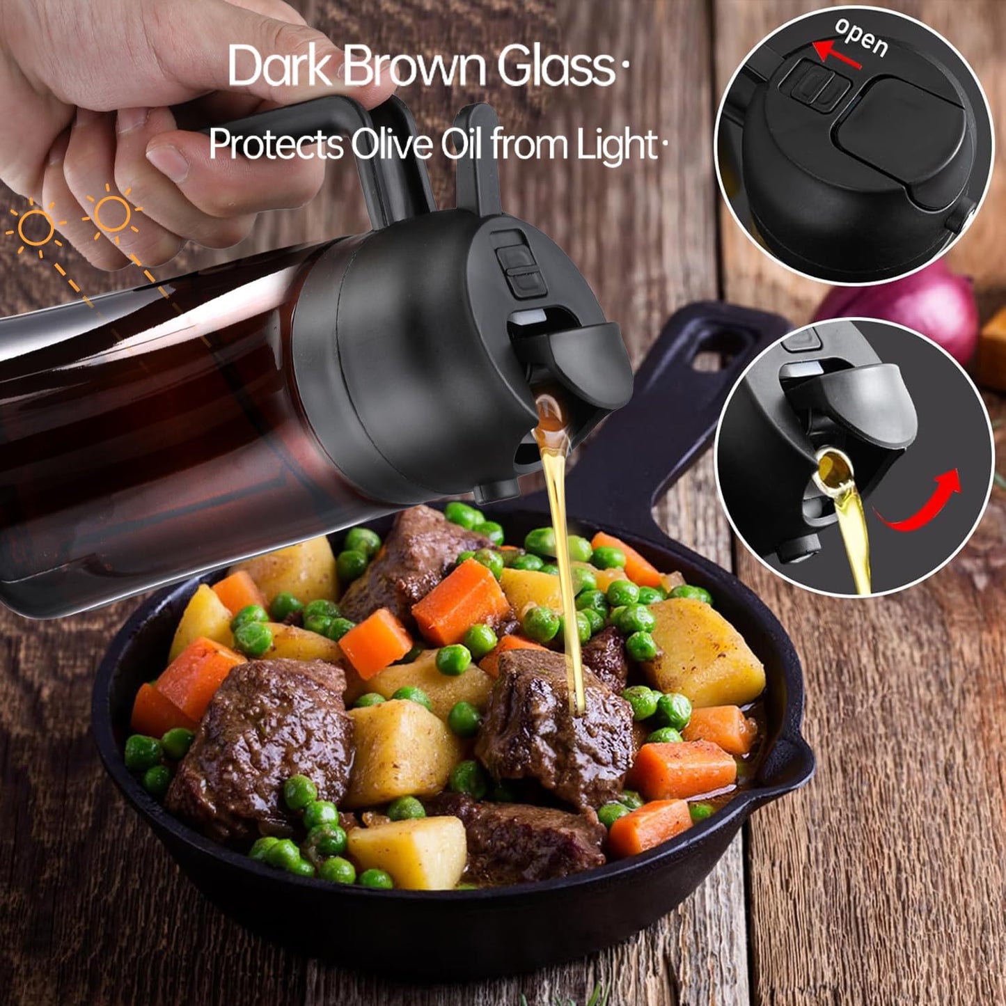 FOASPER 2 In 1 Olive Sprayer Dispenser for Cooking Kitchen, 16oz / 470ml Glass Oil Sprayer Bottle Spray and Pour, Air Fryer, Salad, BBQ, Upgraded Light Blocking Brown
