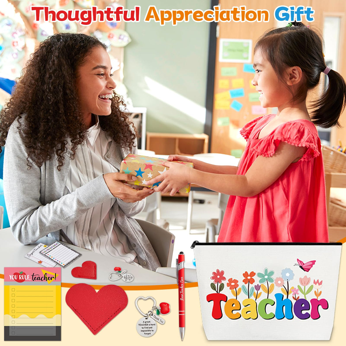 48Pcs Teacher Appreciation Gifts Bulk for Women with Sticky Notes Bookmark Key Chain Makeup Bags Pens Thank You Card Motivational Teacher Gifts Set for Teachers School Graduation Office Supplies