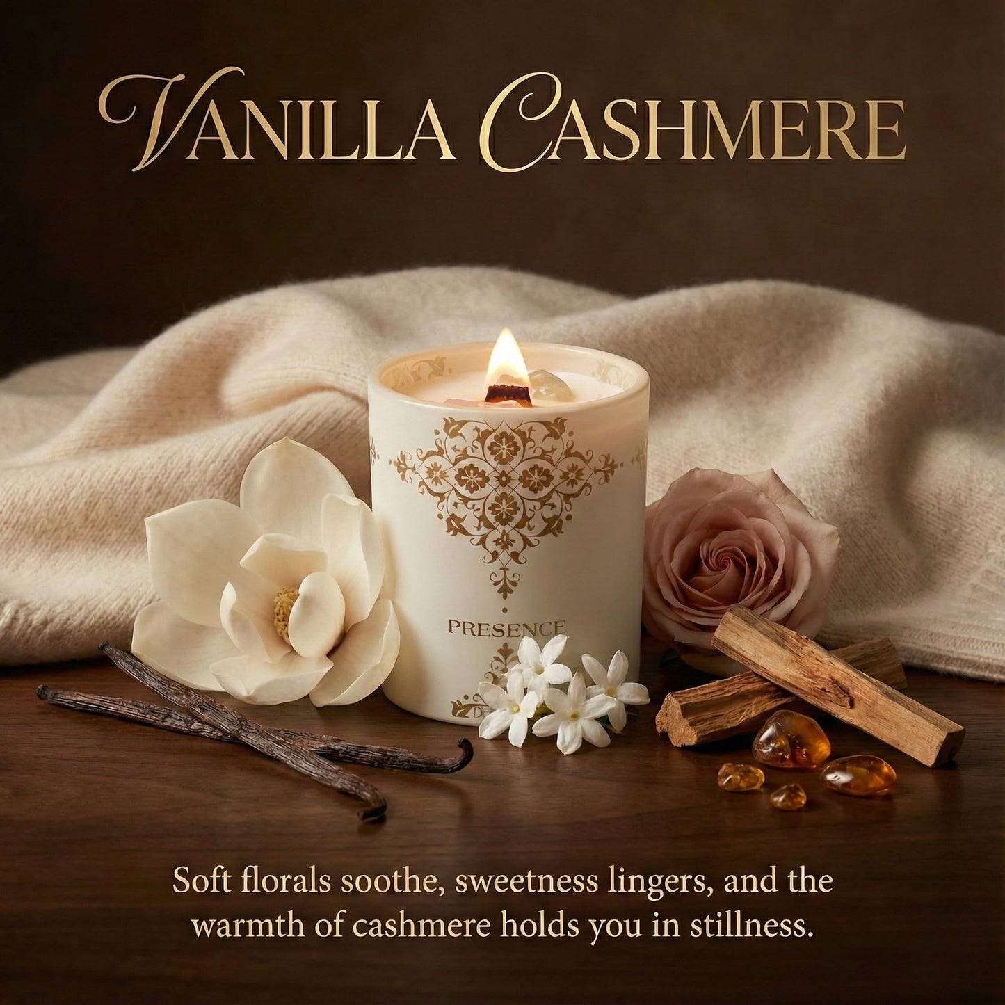Healing Crystal Candle Gift for Women - Vanilla Cashmere Luxury Soy Candle with Crystals - Rose Quartz & Citrine - Gift-Ready Aromatherapy Candle for Stress Relief, Meditation & Manifestation