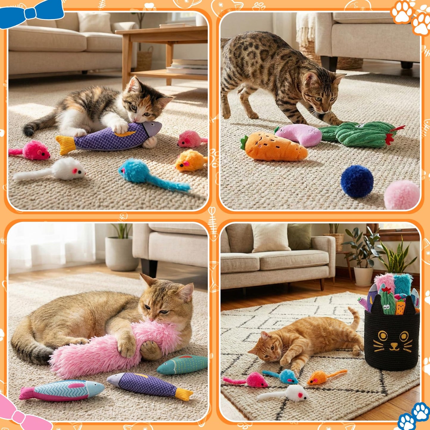 Leitee 20 Pcs Mother‘s Day Cat Storage Basket Gift Toys Bulk Set Cute Cotton Rope Basket, Fish Pillows Plush Balls Mice Toys Vegetable Cactus-Shaped for Pet Gifts, 9.8 Inch