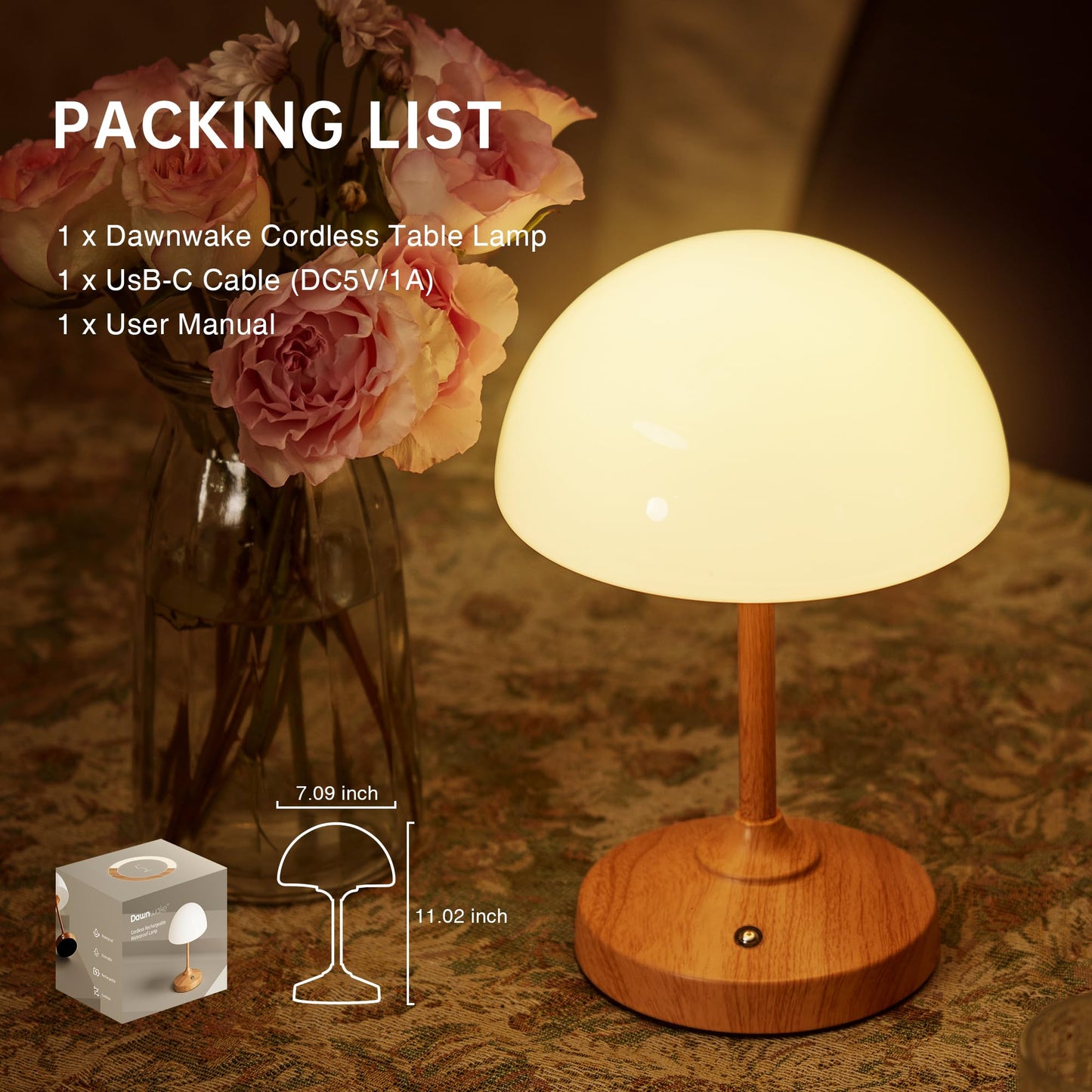 Dawnwake Mushroom Lamp Cordless Lamp Table Lamp,Outdoor Waterproof Shower Lamps,5000mAh Rechargeble Battery Operated Dimmable Touch Desk Lamps,LED Night Light for Bathroom Patio Camping Restaurant