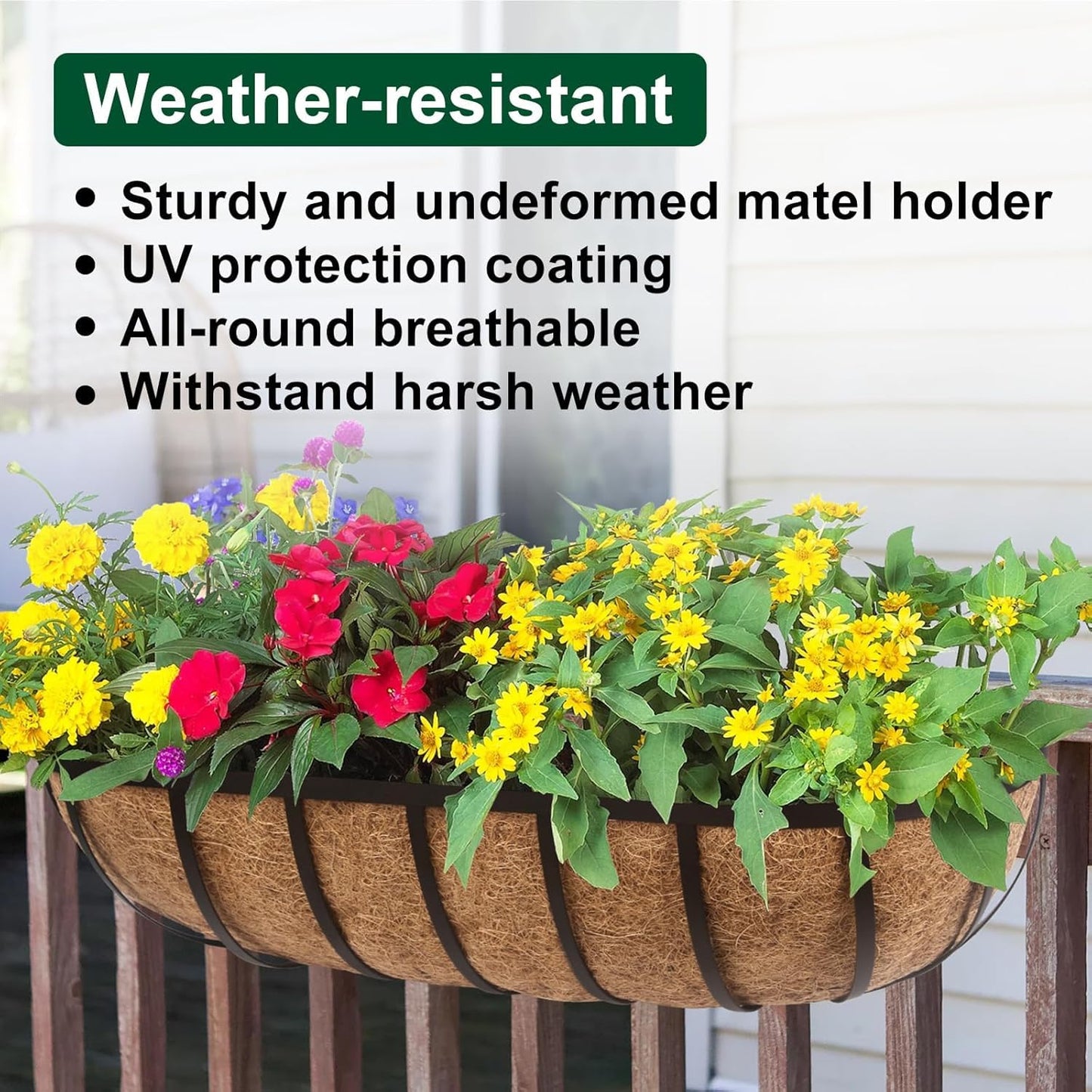 DUNCHATY 24 Inch Railing Planter Box 3 Pack - Metal Window Flower Box with Coco Coir Liner & Adjustable Hooks for Deck Balcony Porch Fence - Outdoor Horse Trough Planter for Herbs & Flowers