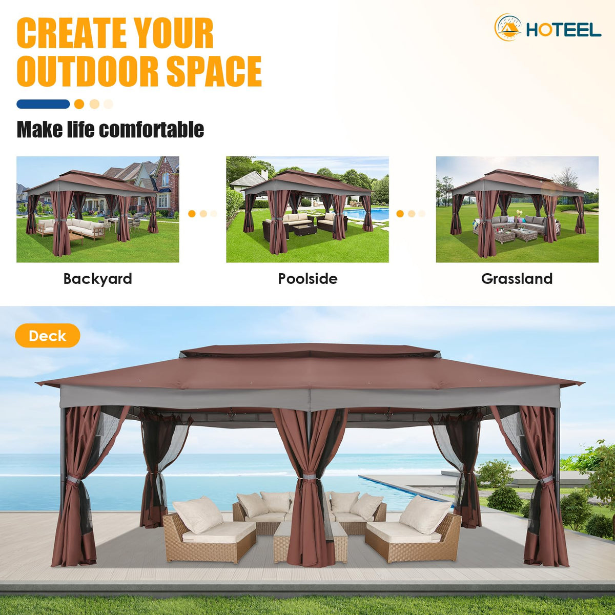 HOTEEL Gazebo 12x20, Outdoor Gazebo on Clearance with Double Ventilated Arc Roof, Privacy Curtains & Mosquito Netting, Easy Set up Canopy Tent with Stable Metal Frame for Patio, Brown