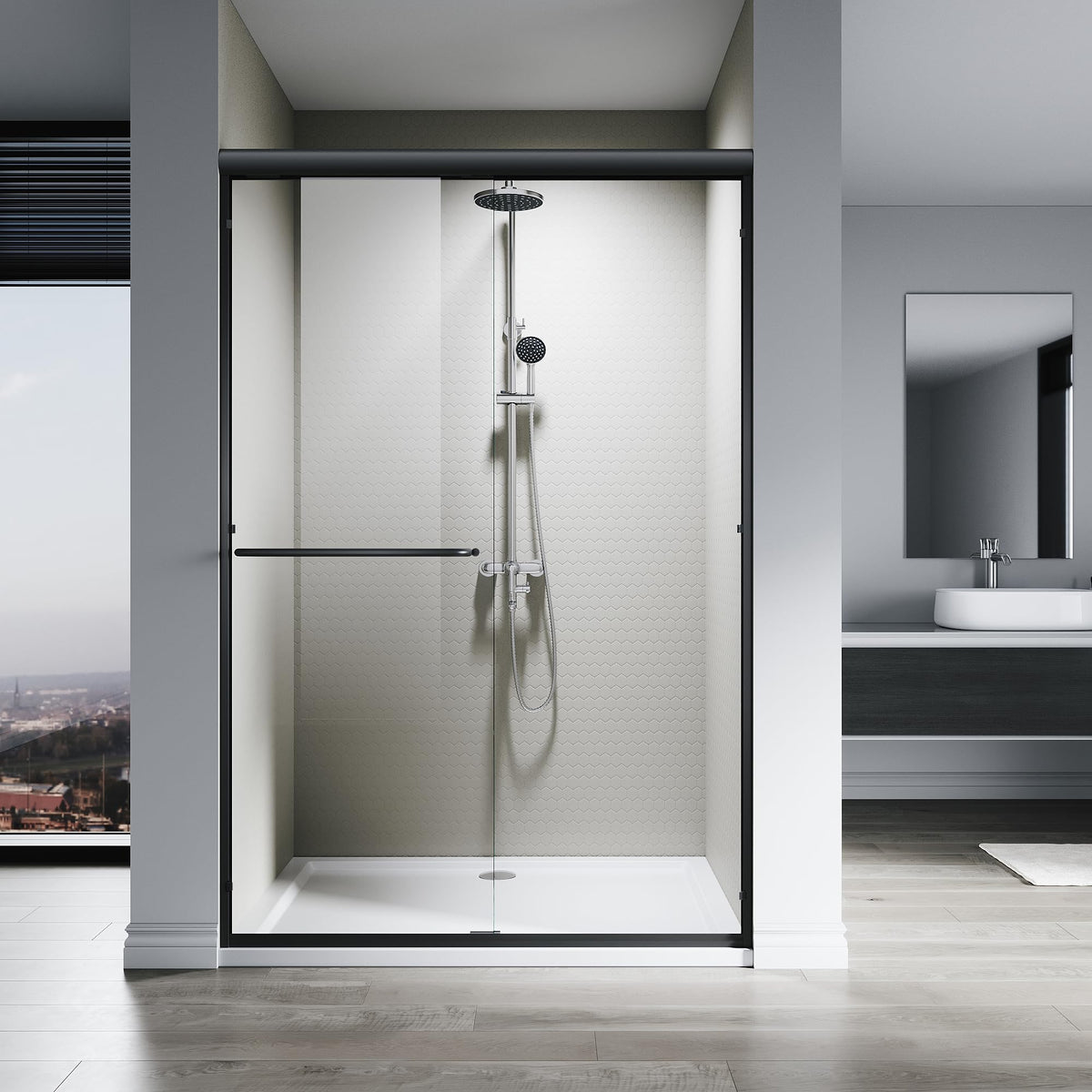 SL4U Shower Door 48" W x 76" H, Double Sliding Shower Door with 1/4" (6mm) Tempered Glass, Semi-Frameless Bypass Bathroom Door, Easy to Clean, Matte Black Finish