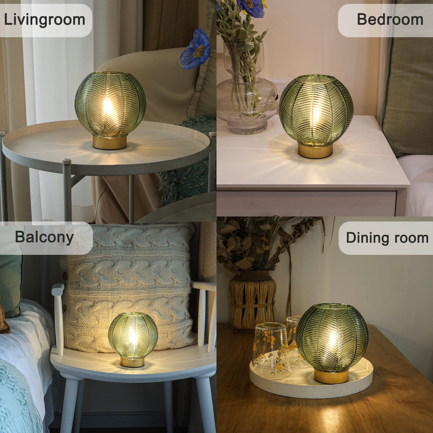 LUSHARBOR Battery Operated Lamp with Timer, Decorative Green Glass Table Lamp Cordless, Small Ambient Lamp for Bedside Bedroom Living Room Decor -Green