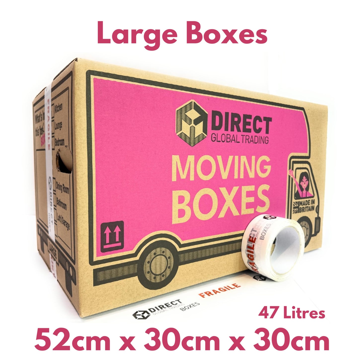 10 Strong Large Cardboard Storage Packing Moving House Boxes with Fragile Tape 52cm x 30cm x 30cm 47 Litres Carry Handles and Room List