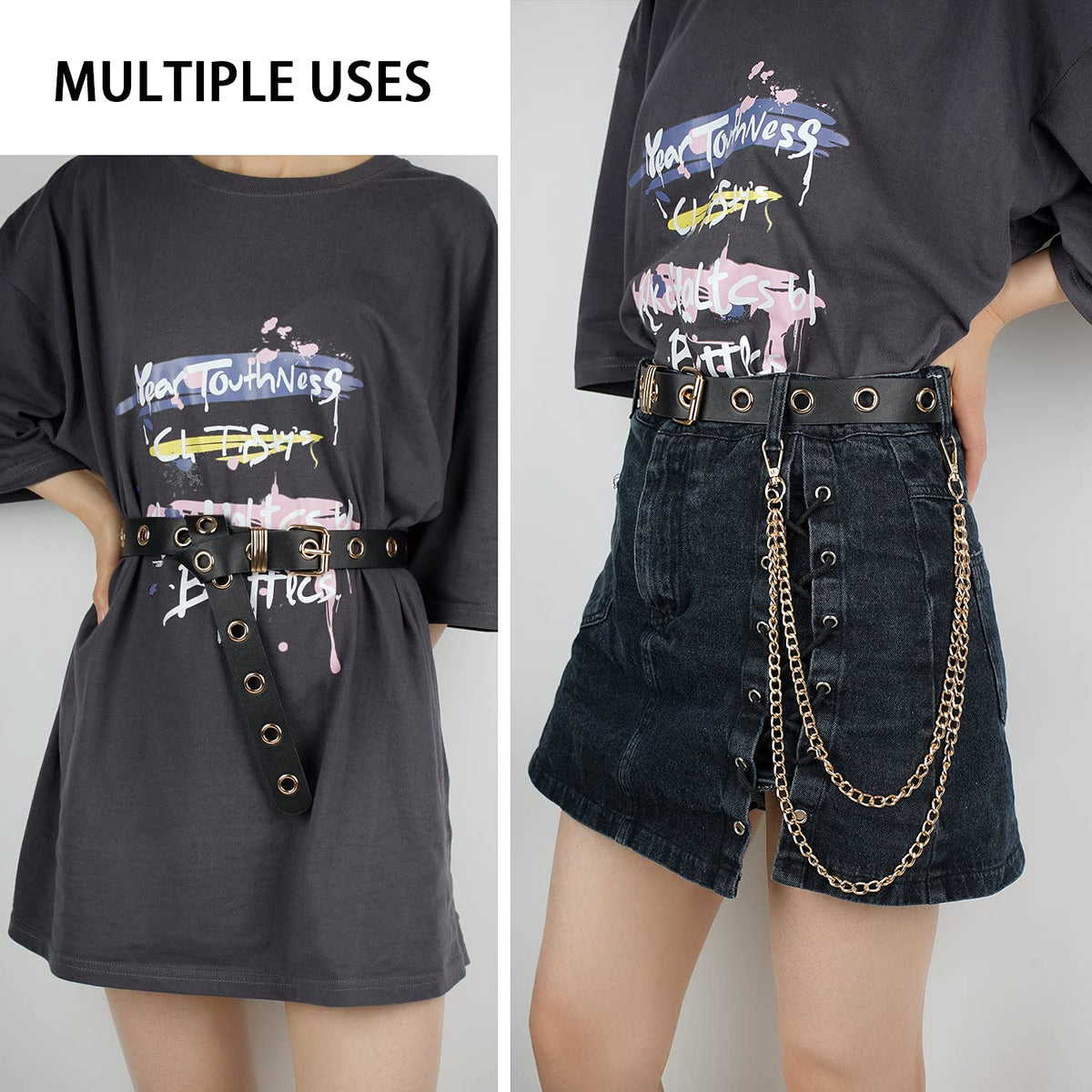 FIORETTO Grommet Leather Belt with Detachable Chain Women Men Punk Rock Waist Belts for Jeans Pants Single Holes (With Gold Chain)