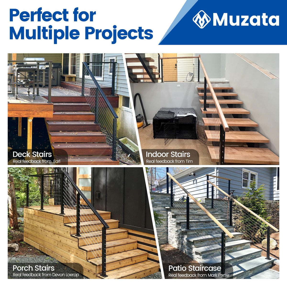 Muzata 8-12FT Modular Black Cable Railing Kit 36 Inch 3 Stair Post Kit Complete Set Cable Railing System for Stairs Length Adjustable Easy DIY with Paper User Guide (No Handrail) RW25