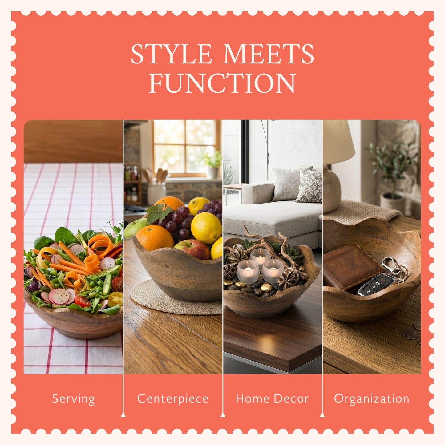 Mela Artisans 10 in Wide x 4 in Tall Scalloped Mango Wood Bowl – Hand-Carved Decorative Serving and Fruit Bowl with Visible Wood Grain for Kitchen Counter, Snacks, Bread and Home Decor