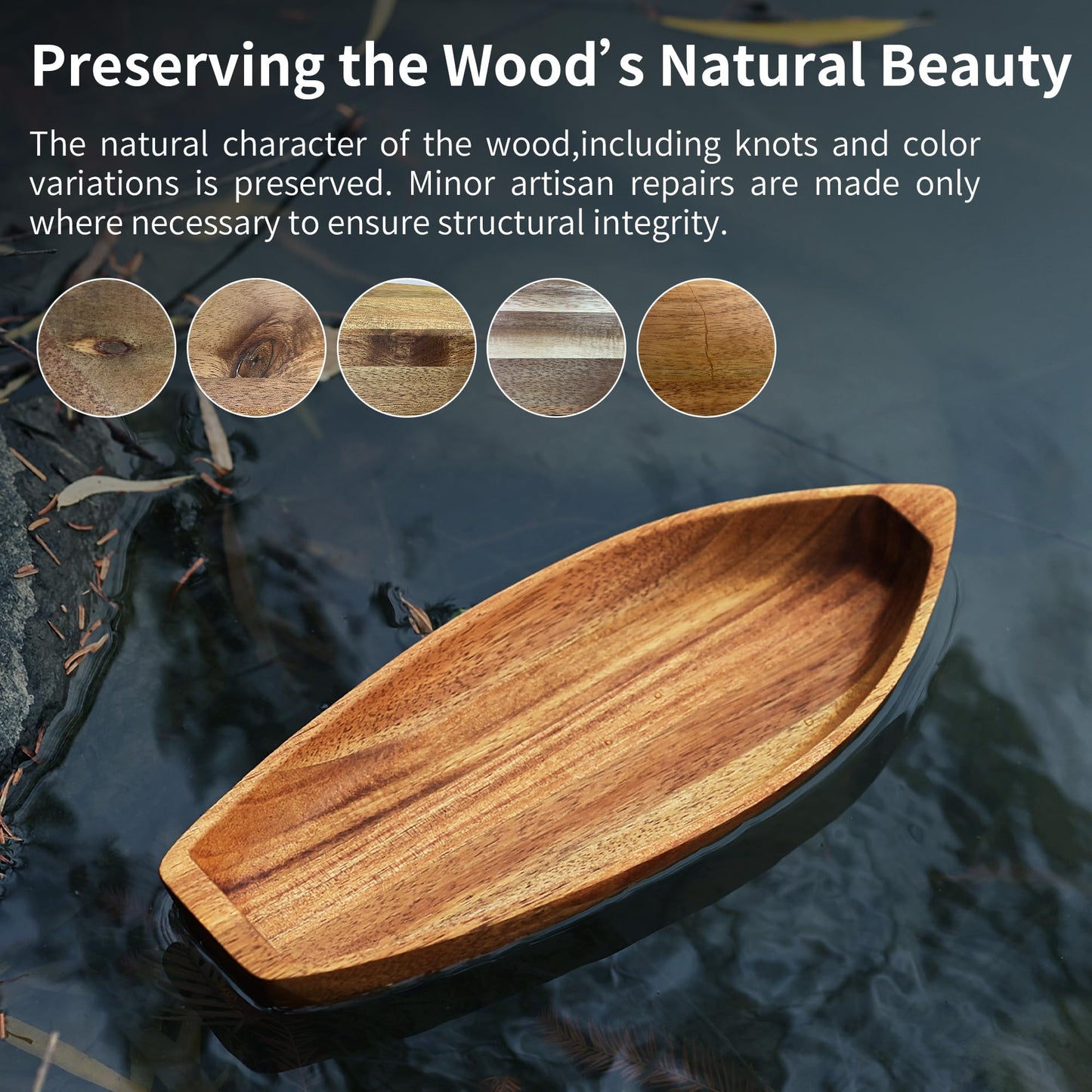 CAMLOT Lucky Boat Serving Tray, Acacia Solid Wood Interesting Shape Plate for Serving Desserts, Fruit, Snack and House Ornament,Key Tray,Functional and Storage Decorative Bowl。(M)