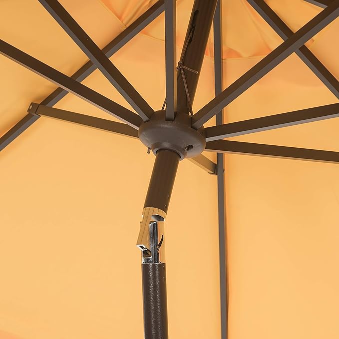 SAFAVIEH 9ft Outdoor Patio Umbrella, Round, Valance, Yellow & White Trim, Auto Crank Tilt, UV Resistant for Deck, Backyard, Poolside (PAT8006B)