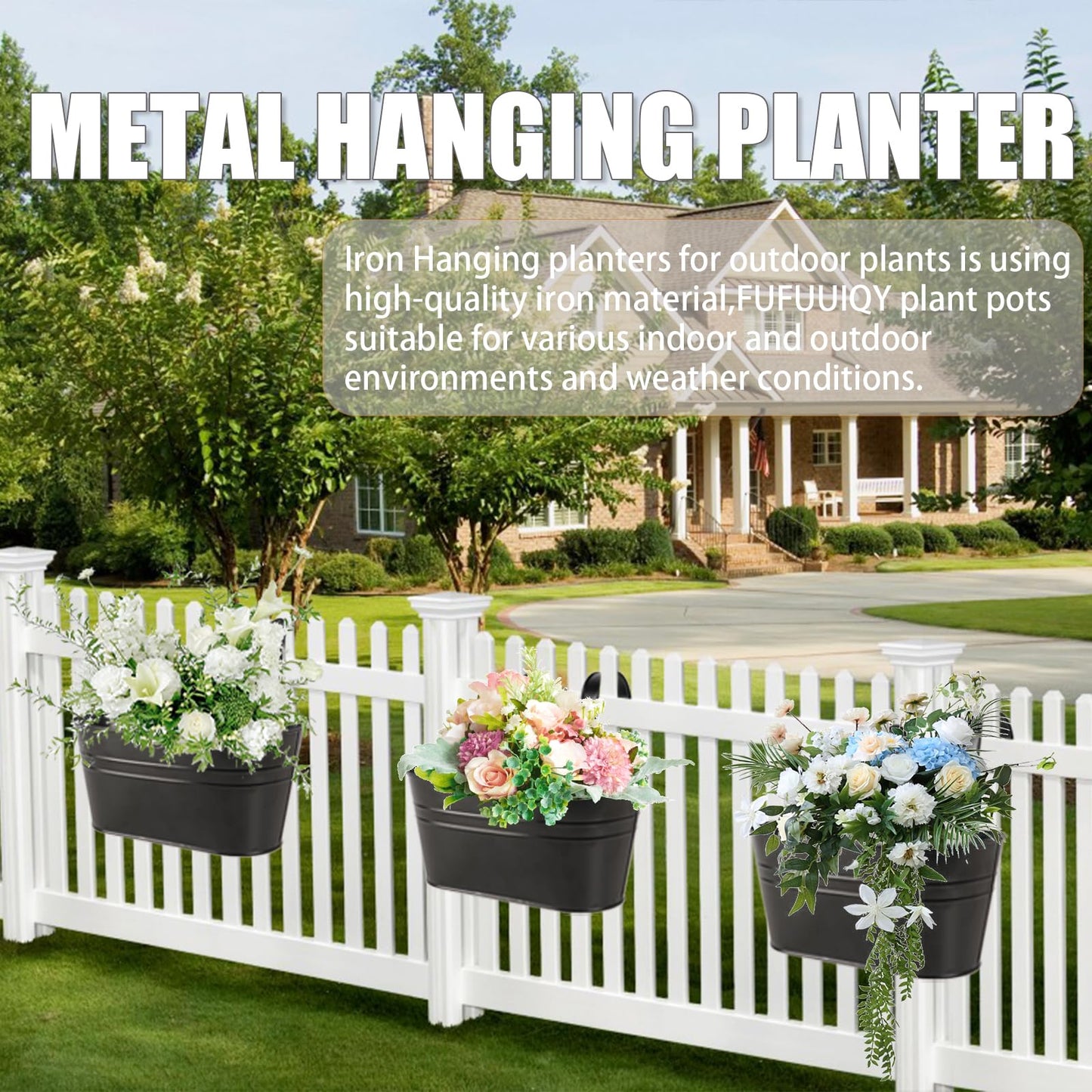 FUFUUIQY 4 Pack Metal Iron Hanging Flower Pots 11 Inch Railing Fence Hanging Bucket Pots with Detachable Hooks Countryside Style Window Railing Planter Box for Garden Balcony Outdoor Decors(Black)