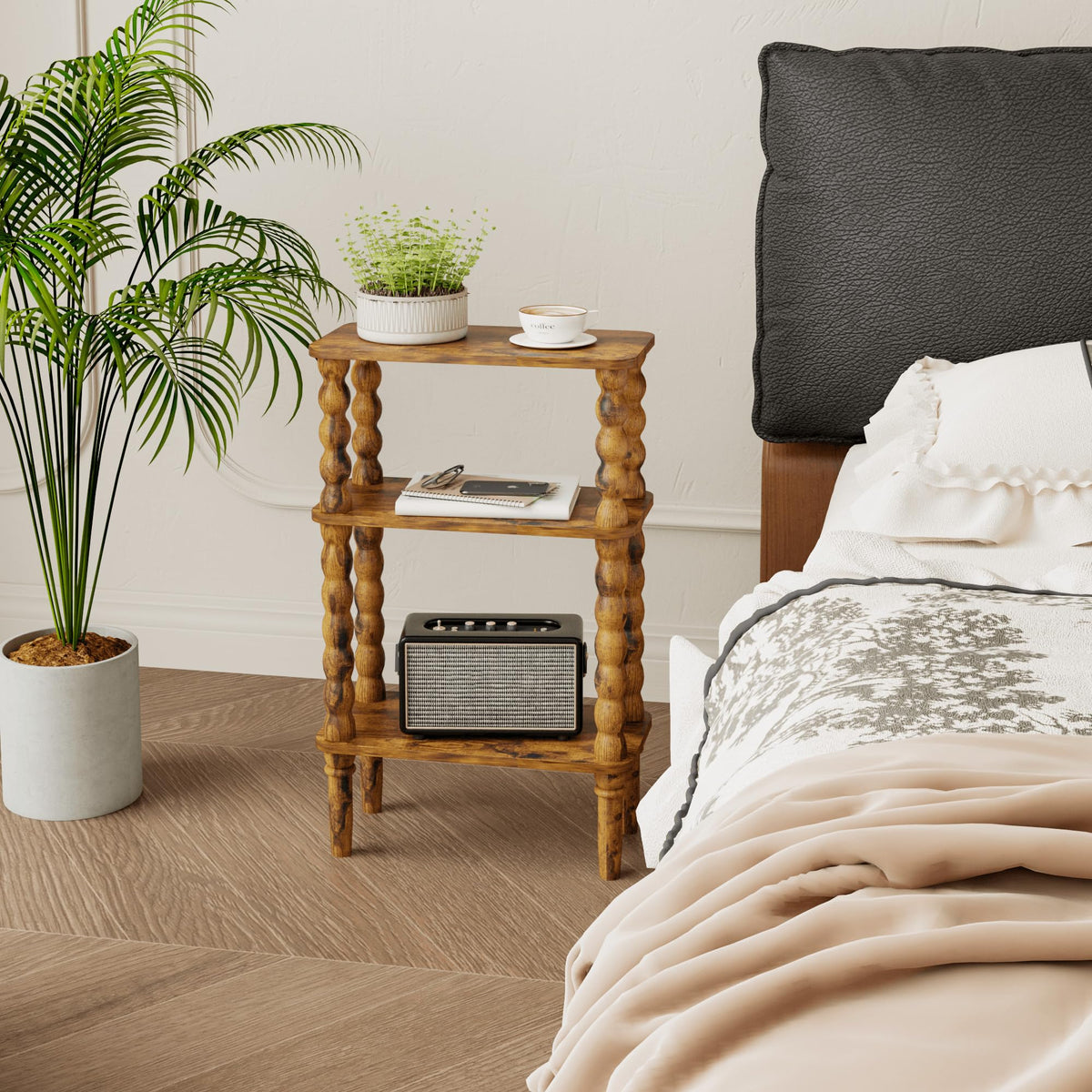 Veegle Side Table, Small End Table with Storage Shelf, 3-Tier Small Coffee Tables for Living Room Bedroom Narrow Spaces(Rustic Brown)