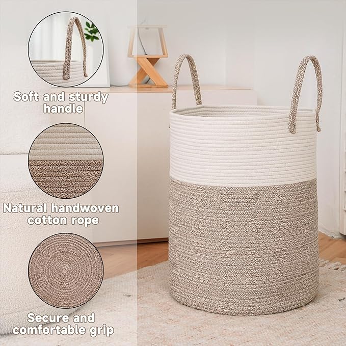Large Woven Laundry Basket Hamper, 80L Cotton Rope Storage Bin