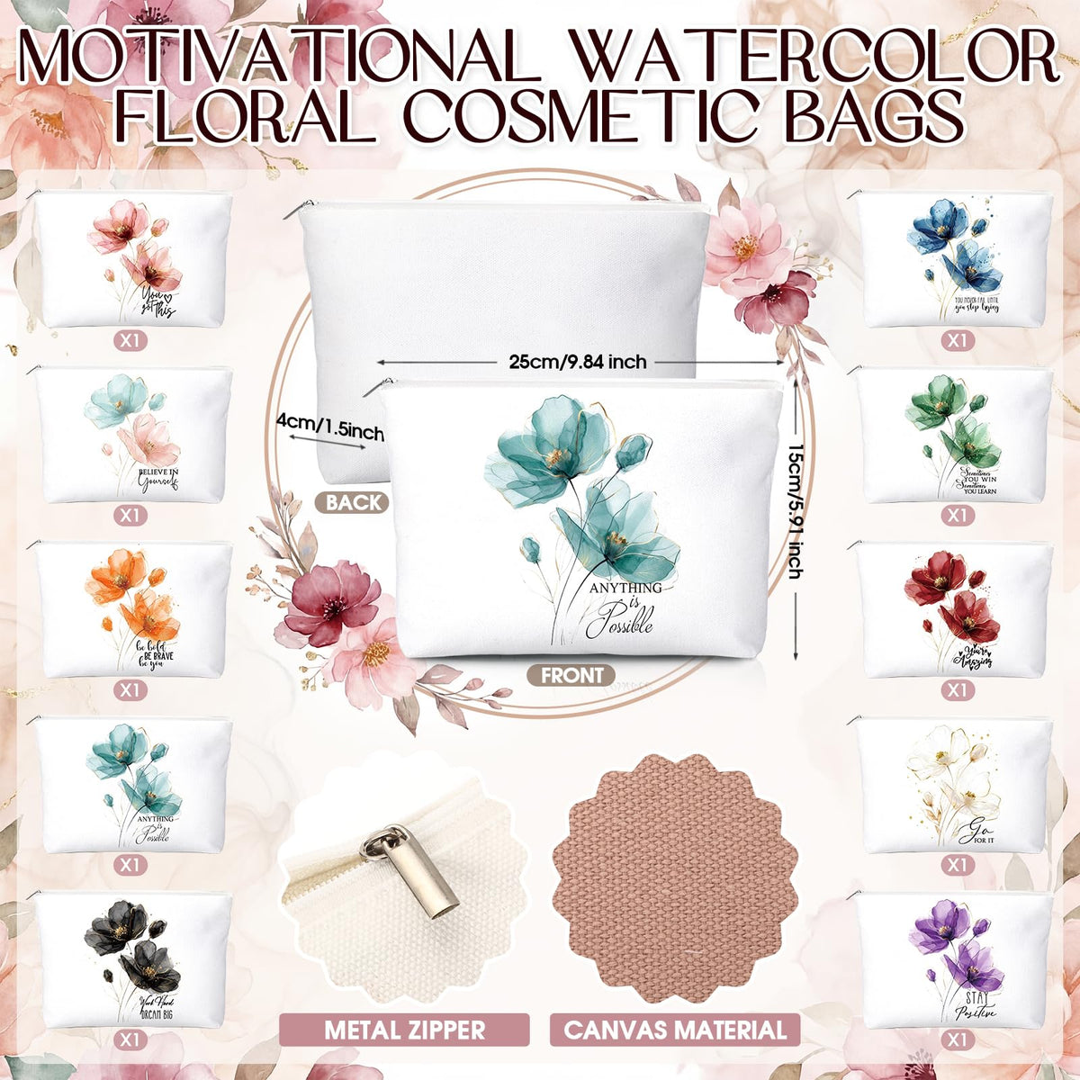 Sieral 20 Pcs Inspirational Appreciation Gifts for Women 10 Inspirational Canvas Makeup Bags 10 Compact Mirror Bulk Cosmetic Bags Portable Mirror Thank You Gifts for Coworkers Staff Friends