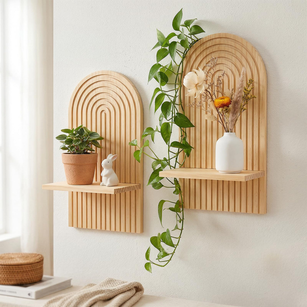 Boho Wall Decor Floating Shelves Set of 2 - Natural Wood Arched Wall Shelf for Modern Minimalist Decor, Rustic Hanging Shelves for Living Room, Bedroom, Bathroom