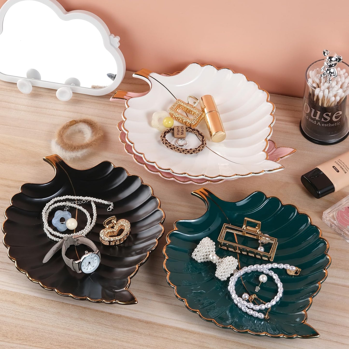 VanEnjoy Candy Dishes Decorative, Key Bowl for Entryway Table, Green Ceramic Bowl Decorative, Decorative Bowl for Keys, Leaf Jewelry Plate Tray