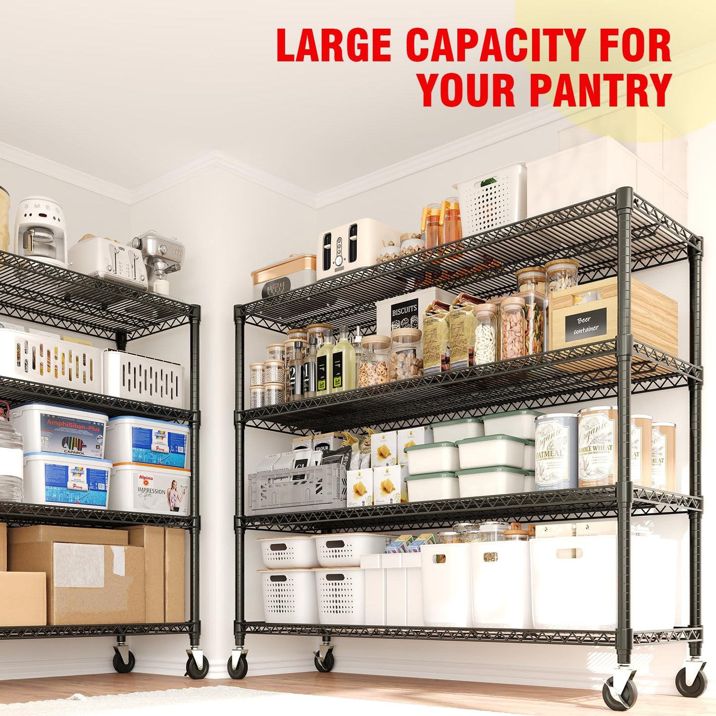 GarveeLife 71" Heavy Duty 4-Tier Storage Shelving Unit, 2640 lbs Capacity with Wheels and Feet, Metal Shelves for Garage, Pantry, Kitchen, or Commercial Use, 71.8" H x 59" W x 17.7" D