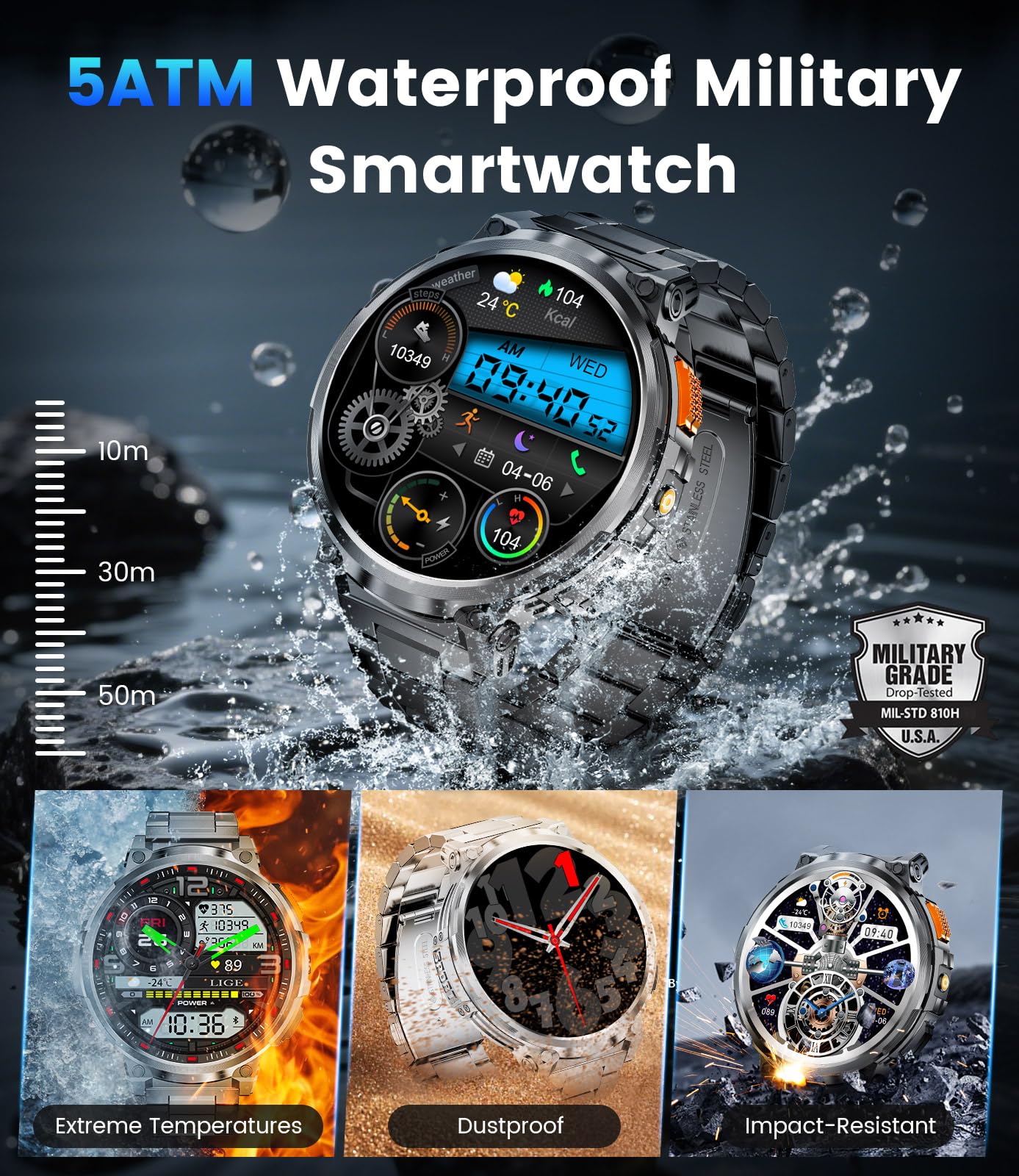 LIGE Smart Watches for Men with 730mAh Battery, 1.85" HD Smart Watch with Flashlight/Make/Answer Call/120+Sports Mode Fitness Tracker/Sleep Monitoring, iOS Android Waterproof Military SmartWatches