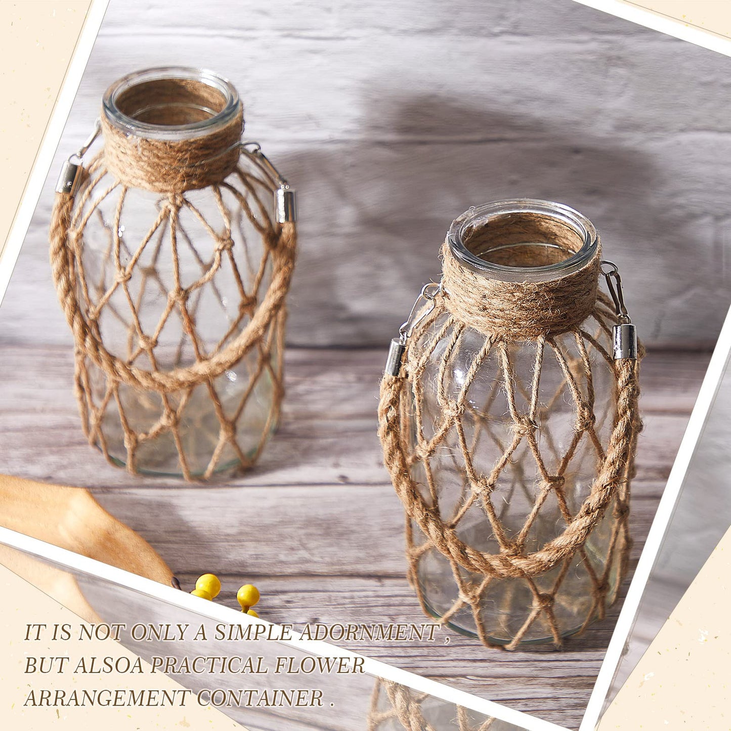Set of 4 Rope Net Dry Flower Glass Vase 7.9 x 4 Inches Wicker Farmhouse Vase Coastal Decor for Wedding Tables Home Rustic Hanging Mason Jar Rope Wrapping Decorative Bottles Nautical Decor