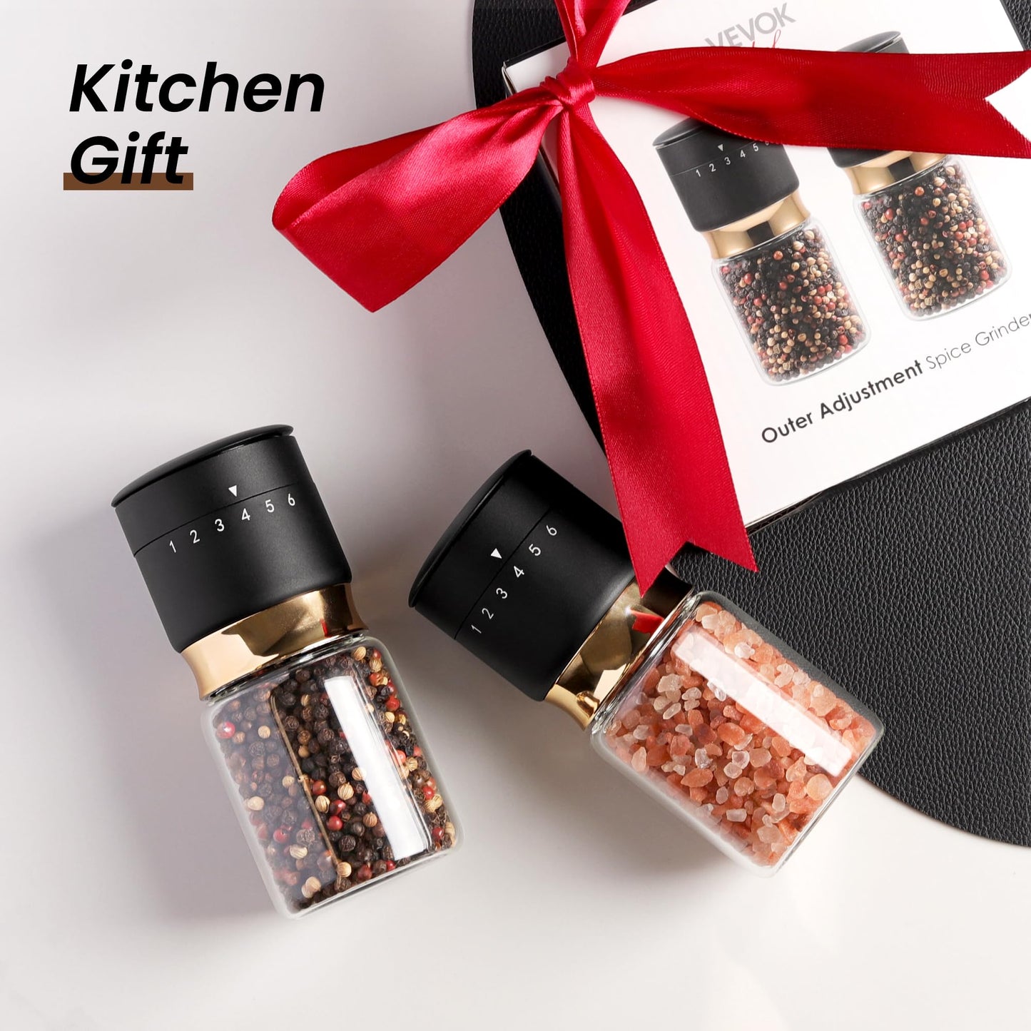 Gold Salt and Pepper Grinder Set with External Adjustable Coarseness Stainless Steel Sea Salt & Pepper Mill Set Ceramic Core Spice Grinder Refillable Glass Black and Gold Shaker Kitchen Accessories