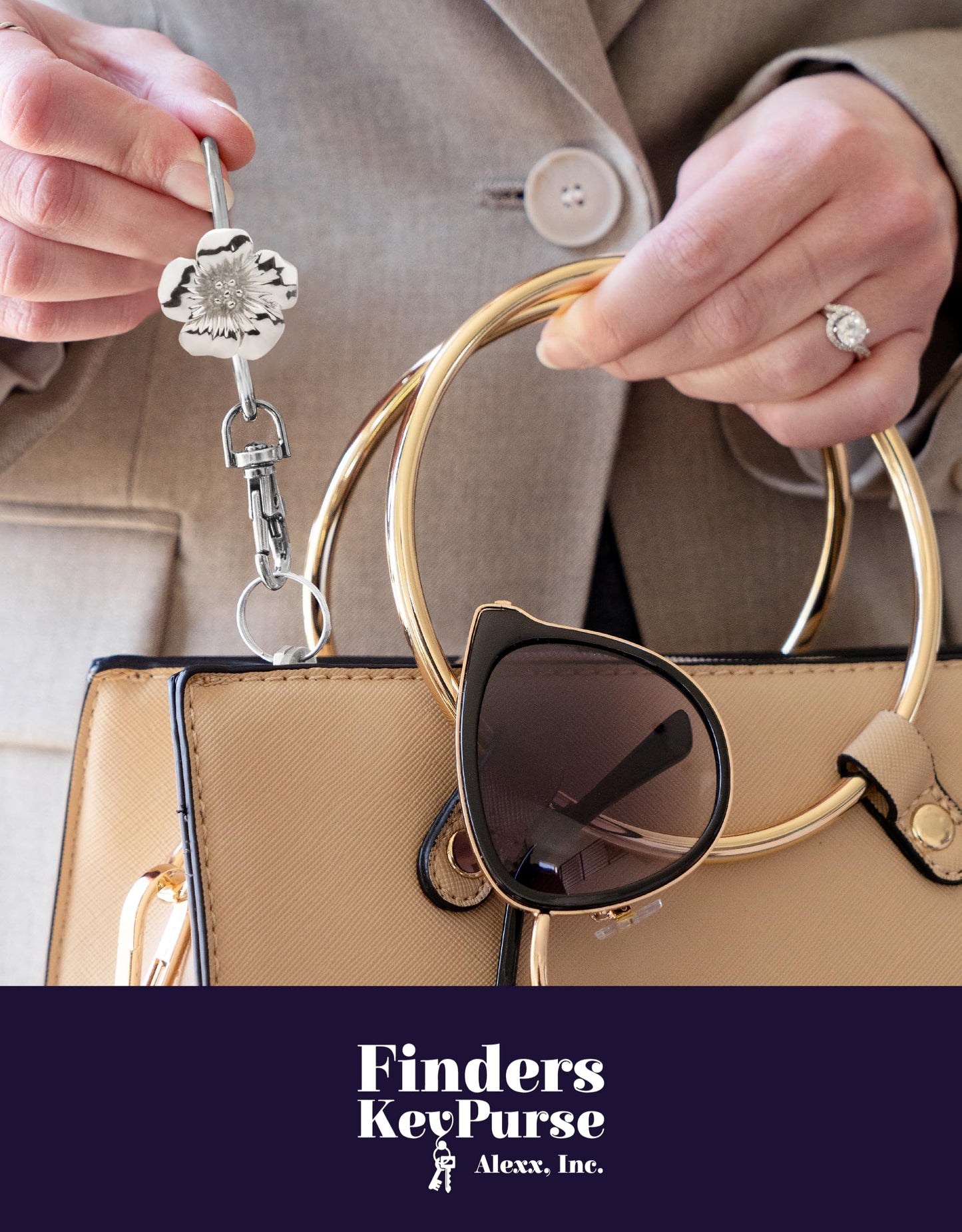 Women’s Bag Charm Key Finder, Car Keychain Hook, Cute Purse Organizer & Tote Bag Accessories, Gifts for Mom - Silver Floral