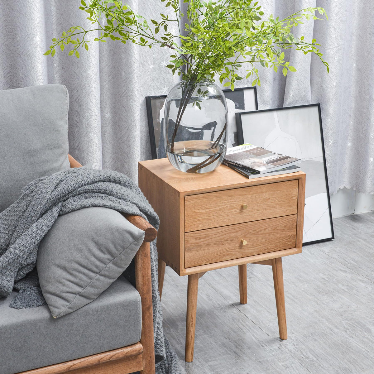 Cttasty Night Stand, Midcentury Modern Solid Wood Nightstand with Drawer, Durable Sturdy Tall Bedside Tables with High Stool Leg, 17.72 W x 13.78 D x 23.63 H Inches (Natural)