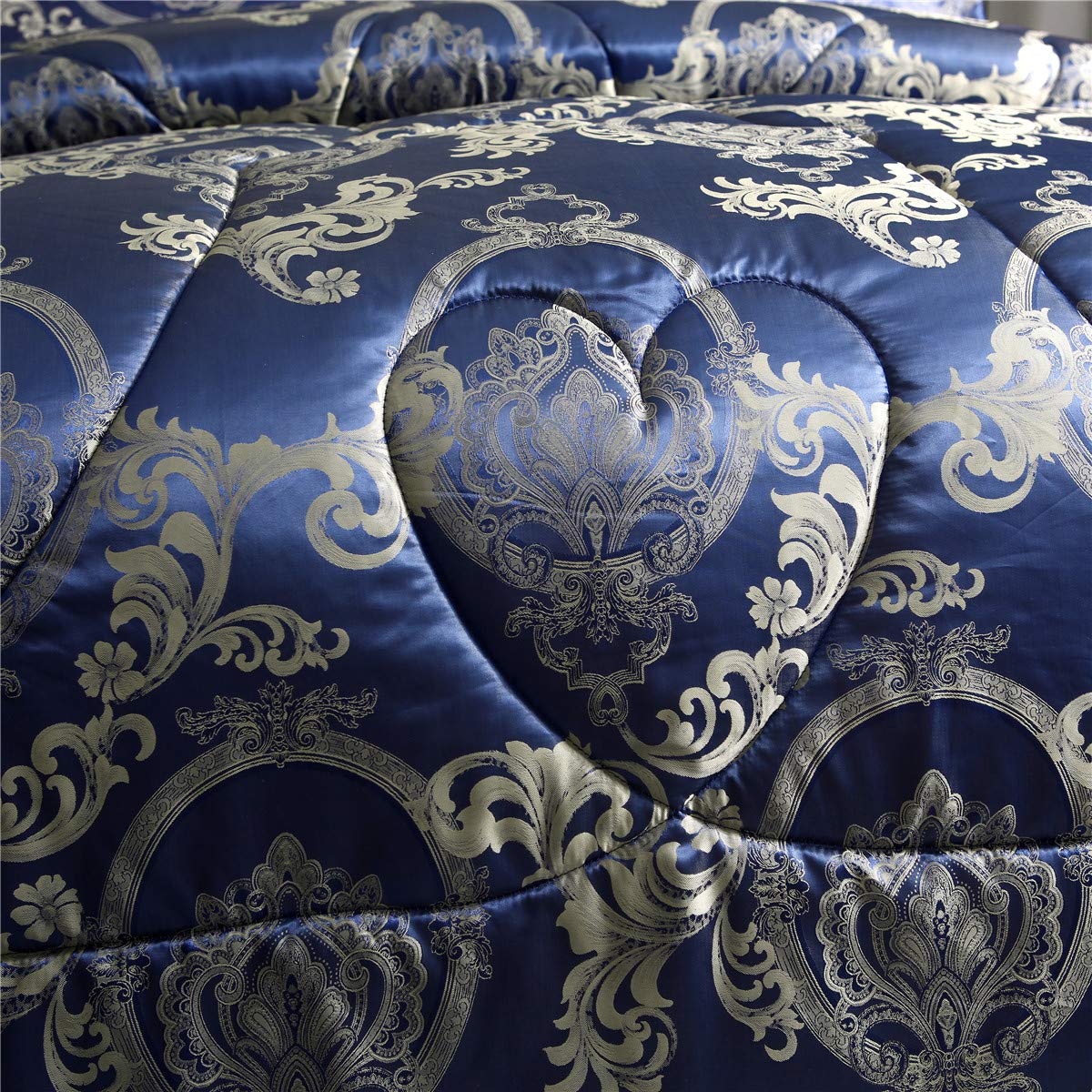 Raytrue-X Comforter Set Satin Silk Blanket All Season Bed Luxury Royal Blue Jacquard Quilt Bedding Sets Matching 2 Pillow Shams (Full/Queen, 88x88 inches, 3 Pieces)