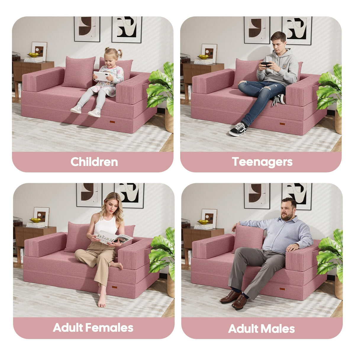 COMAX Futon Sofa Bed, 4‑in‑1 Convertible Sofa Bed, Folding Boneless Couches for Living Room, Fold Out Small Foldable Loveseat Floor Sleeper Comfy Mattress Lounge Space‑Saving, Pink