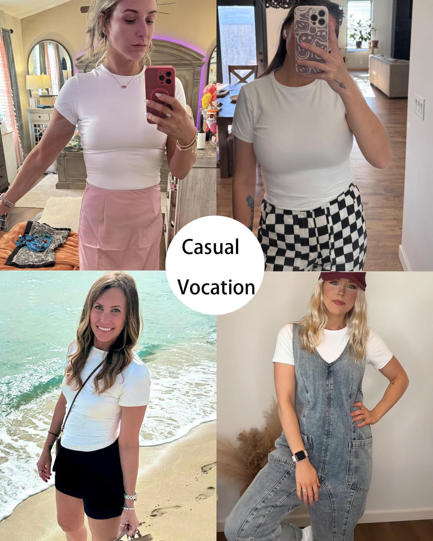 Women's Casual Basic Tees Crew Neck Tight T Shirts Slim Fit Short Sleeve Going Out Crop Tops(White,L)