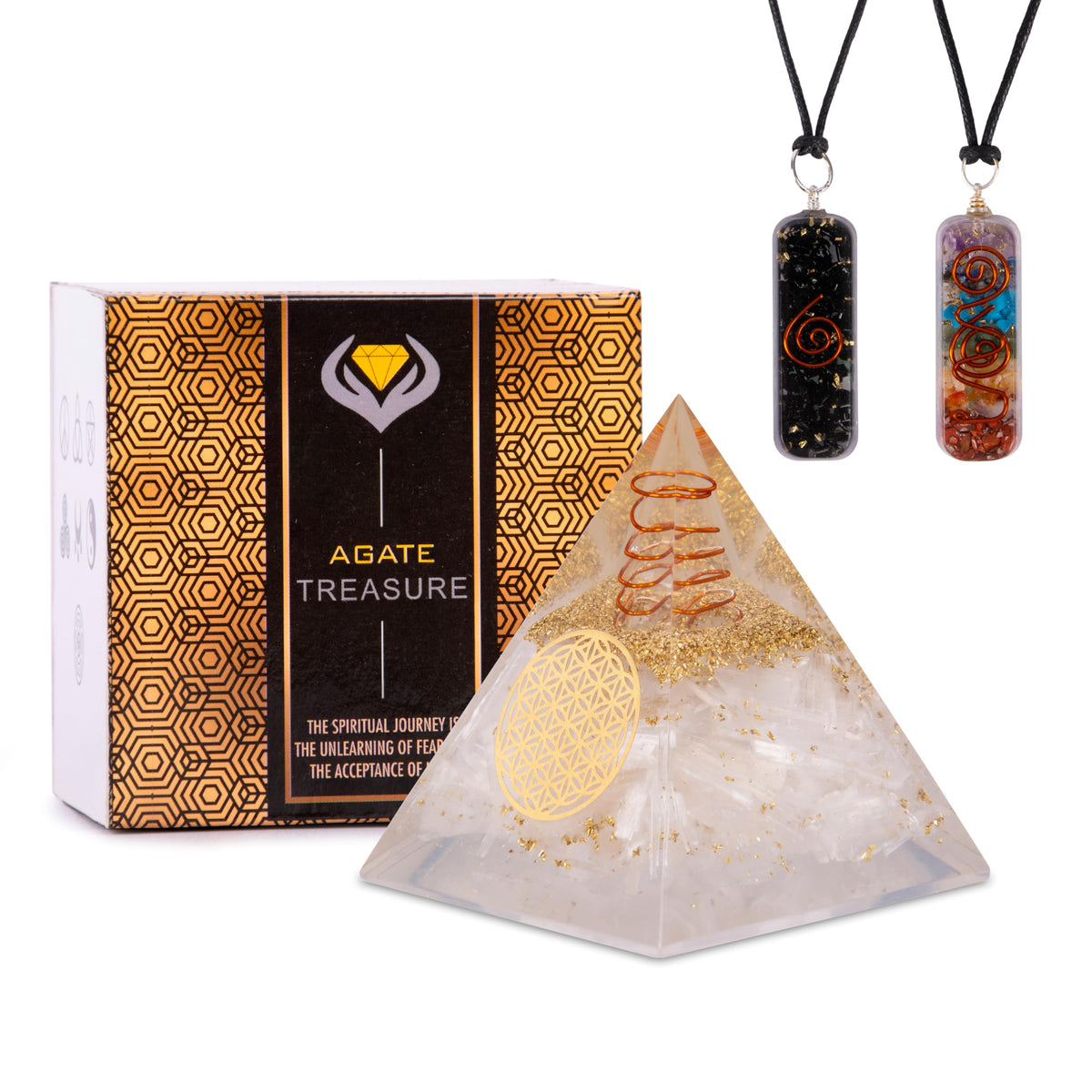Agate Treasure Selenite Orgonite Pyramid – Energy Crystal for Clarity & Protection – Handmade Spiritual Decor for Meditation, Focus & Inner Peace