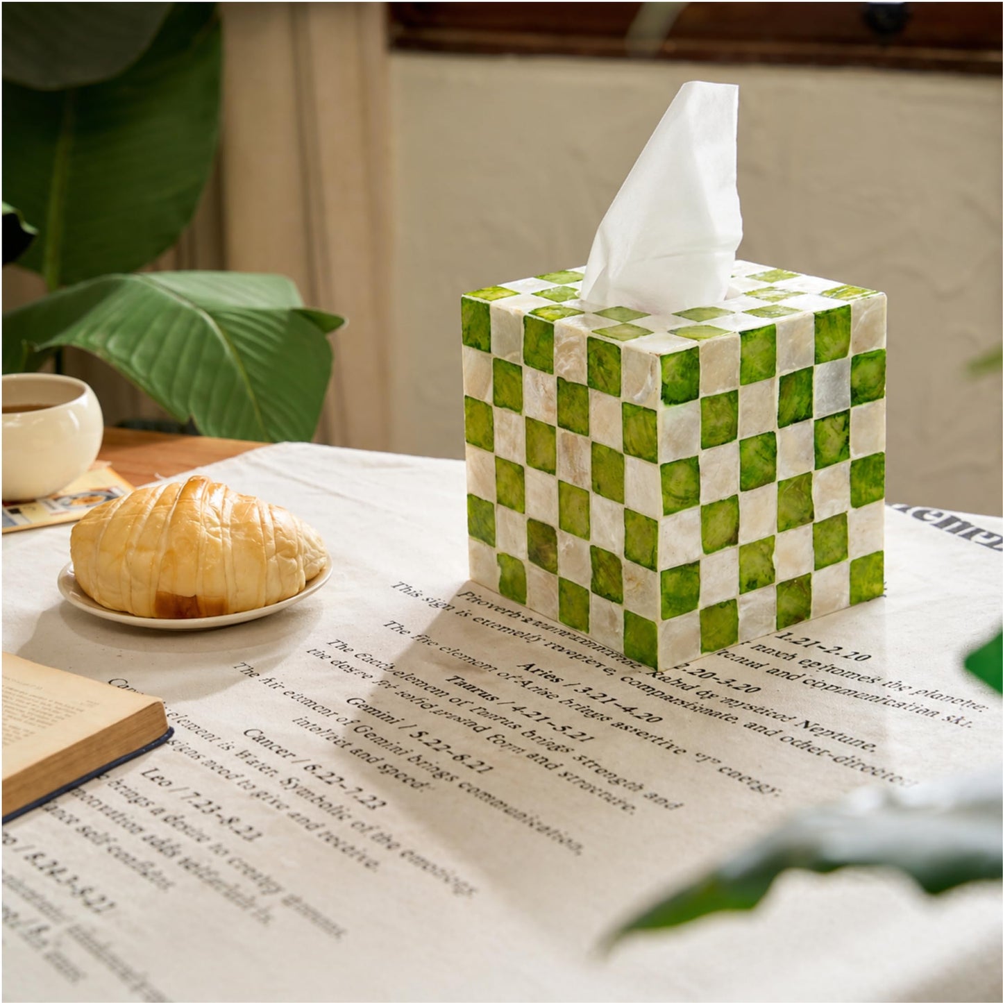 5.7" Square Tissue Box Cover for Kleenex and More, Handmade Green & White Checkered Capiz Shell Tissue Holder, Decorative Cube Tissue Box Cover for Bathroom, Living Room, Bedroom or Office (Natural)