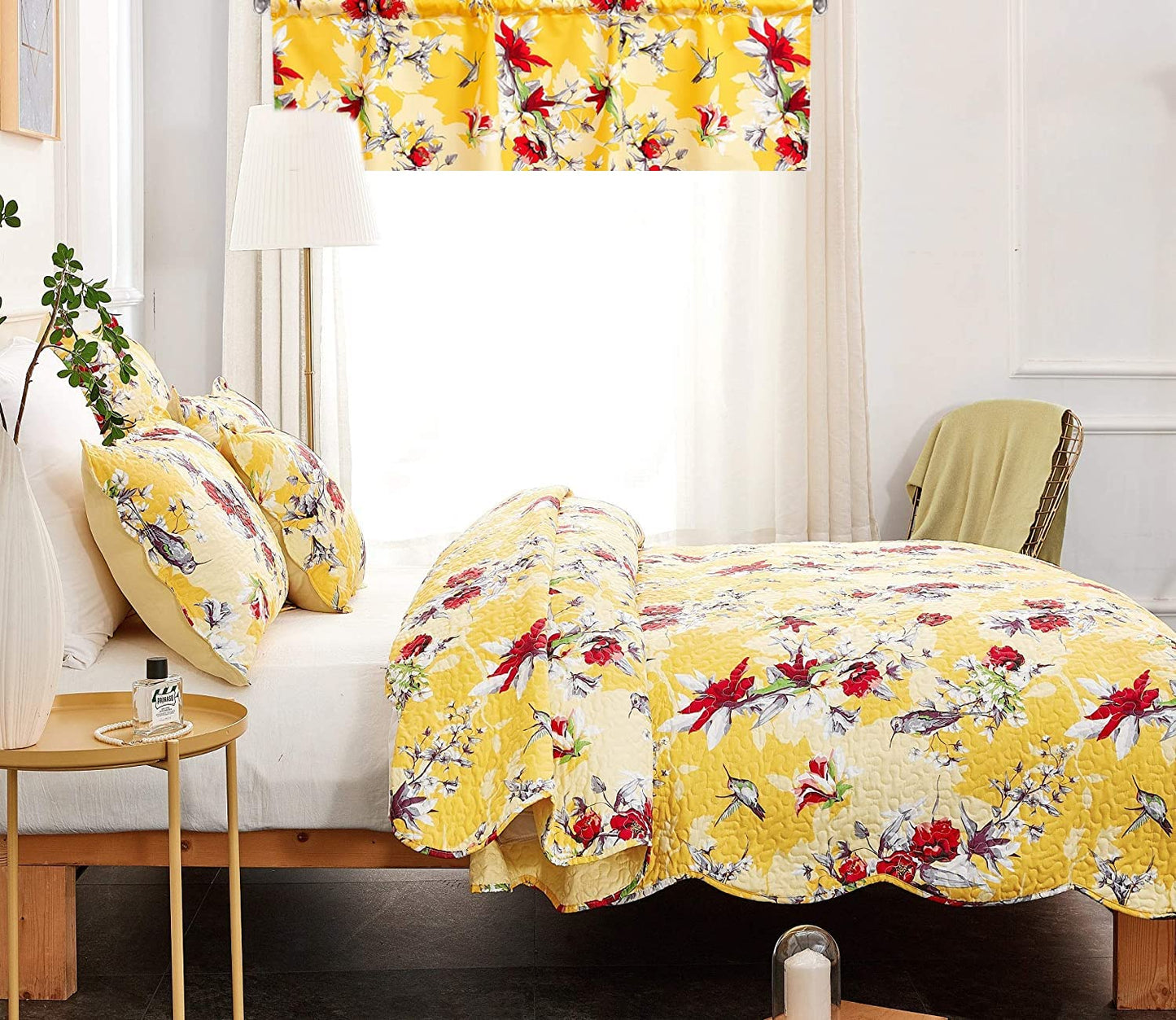 DaDa Bedding Radiant Sunshine Yellow Floral Bedspread Set - Hummingbirds Farmhouse Red Flowers Garden Quilted Coverlet - Scalloped Edges Bright Vibrant Multi-Colorful - Queen - 3-Pieces