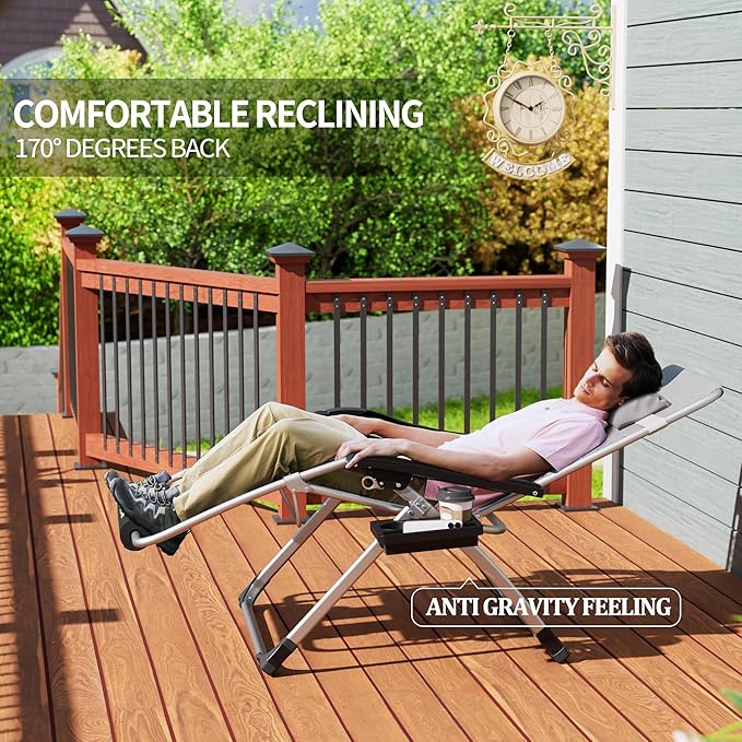 UDPATIO Oversized Zero Gravity Chair, 33In XXL Patio Reclining Chair with Cushion, Outdoor Folding Recliner with Pillows|Cup Holder|Foot Rest|Padded Headrest, Burgundy, Support 500LB
